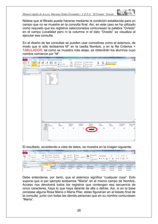 Manual rápido de Access. Mariano Ordás Fernández.- C.E.P.A. “El Fontán” Oviedo
Nótese que el filtrado puede hacerse mediante la condición establecida para un
campo que no se muestre en la consulta final. Así, en este caso se ha utilizado
como requisito que los registros seleccionados contuviesen la palabra “Oviedo”
en el campo Localidad pero ni la columna ni el dato “Oviedo” se visualiza al
ejecutar esa consulta.
En el diseño de las consultas se pueden usar comodines como el asterisco, de
modo que si sólo tecleamos M* en la casilla Nombre, y en la fila Criterios +
TABULADOR, tal como se muestra más abajo, se obtendrán los alumnos cuyo
nombre comience por “M”.
El resultado, accediendo a vista de datos, se muestra en la imagen siguiente:
26
Debe entenderse, por tanto, que el asterisco significa “cualquier cosa”. Esto
supone que si por ejemplo tecleamos *María* en el mismo campo de Nombre,
Access nos devolverá todos los registros que contengan esa secuencia de
cinco caracteres, haya lo que haya delante de ella o detrás. Así, si en la base
constase alguna Rosa María o María Pilar, éstas figurarían en el listado final de
la consulta, junto con todas las demás personas que en su nombre contuviesen
“María”.
 