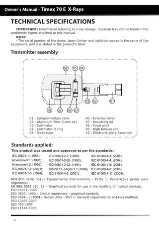 15
TECHNICAL SPECIFICATIONS
01 - Complementary cone
02 - Aluminum filter (1mm a1)
03 - Collimator
04 - Collimator O-ring
05 - X-ray tube
Transmitter assembly
IMPORTANT: Information referring to x-ray dosage, radiation leak can be found in the
conformity report attached to this manual.
NOTE:
-	The serial number of the dome, beam limiter and radiation source is the same of the
equipment, and it is stated in the product’s label.
Standards applied:
This product was tested and approved as per the standards:
IEC 60601-1: (1988);
Amendment 1: (1993);
Amendment 2: (1995);
IEC 60601-1-2: (2001);
IEC 60601-1-3: (1994);
IEC 60601-2-7: (1998);
IEC 60601-2-28: (1993);
IEC 60601-2-32: (1994);
CISPR 11, edição 3.1 (1999);
IEC 61000-4-2: (2001);
IEC 61000-4-3: (2006);
IEC 61000-4-4: (2004);
IEC 61000-4-5: (2005);
IEC 61000-4-6: (2006);
IEC 61000-4-11: (2004);
NBR-IEC série 601-1 Equipamento Eletromédico - Parte 1: Prescrições gerais para
segurança;
EN 980:2003 (Ed. 2) - Graphical symbols for use in the labelling of medical devices;
ISO 14971: 2007
ISO 9687: 1993 - Dental equipment - graphical symbols;
ISO 7494 - 1:2004 - Dental Units - Port 1: General requeriments and test methods
ISO 13485:2003
ISO 780:1997
ISO 11144:1995
06 - External cover
07 - Insulating oil
08 - Focal point
09 - High tension coil
10 - Electronic plate Assembly
06 05 04
10 09 08 07
03 02 01
 