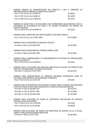 – NORMAS BÁSICAS DE RADIOPROTEÇÃO NO EXÉRCITO E CRIA A COMISSÃO DE
RADIOPROTEÇÃO (COMRAD) NO ÂMBITO DO EXÉRCITO
- Port nº 701-Cmt Ex, de 14 NOV 03 BE 48/03
- Port nº 097-Cmt Ex, de 3 MAR 06 BE 10/06
- Port nº 384-Cmt Ex, de 15 MAR 18 BE 13/18
– NORMAS DE AÇÃO PARA A SALVAGUARDA DAS INFORMAÇÕES RELACIONADAS COM AS
ATIVIDADES DE INTELIGÊNCIA DO SINAL E DE GUERRA ELETRÔNICA NO ÂMBITO DO
EXÉRCITO (NSISGE)
- Port nº 369-Cmt Ex, de 30 MAIO 05 BE 22/05
– NORMAS PARA A ABERTURA DAS FORTIFICAÇÕES À VISITAÇÃO PÚBLICA
- Port nº 615-Cmt Ex, de 13 NOV 2000 BE 47/2000
– NORMAS PARA A CONCESSÃO DA MEDALHA "MALLET"
- Port Min nº 665, de 26 AGO 1997 BE 42/1997
– NORMAS PARA A CONCESSÃO DO "PRÊMIO CORREIA LIMA"
- Port Min nº 666, de 26 AGO 1997 BE 42/1997
– NORMAS PARA A ORGANIZAÇÃO E O FUNCIONAMENTO DO SISTEMA DE COMUNICAÇÃO
SOCIAL DO EXÉRCITO
- Port nº 101-Cmt Ex, de 18 MAR 03 BE 13/03
– NORMAS PARA A UTILIZAÇÃO DOS ARQUIVOS, BIBLIOTECAS E MUSEUS DO EXÉRCITO POR
PARTE DE HISTORIADORES E OUTROS ESTUDIOSOS
- Port Min nº 2.449, de 27 SET 1979 BE 40/1979
– NORMAS PARA ADMINISTRAÇÃO DE PRÓPRIOS NACIONAIS RESIDENCIAIS (PNR), DE
NATUREZA APARTAMENTO, NA GUARNIÇÃO DE BRASÍLIA
- Port nº 519-Cmt Ex, de 15 OUT 01 BE 42/01
– NORMAS PARA ALTERAÇÃO OU RETIFICAÇÃO DE IDADE, NOME, FILIAÇÃO, NATURALIDADE
E DATA DE PRAÇA DE MILITARES, RESERVISTAS E ISENTOS DO SERVIÇO MILITAR
- Port Min nº 530, de 28 ABR 1977 BE 25/1977
- Port Min nº 176, de 28 FEV 1984 BE 11/1984
- Port Min nº 710, de 20 AGO 1990 BE 35/1990
– NORMAS PARA APLICAÇÃO DO PLANO DE ASSISTÊNCIA PRÉ-ESCOLAR DO EXÉRCITO
(PAPEEX), PARA OS MILITARES
- Port nº 566-Cmt Ex, de 23 AGO 06 BE 35/06
- Port nº 014-Cmt Ex, de 16 JAN 08 BE 04/08
– NORMAS PARA APLICAÇÃO, NO ÂMBITO DO MINISTÉRIO DA GUERRA, DA LEI 4.767/65,
SOBRE A FORÇA EXPEDICIONÁRIA BRASILEIRA
- Port Min nº 390, de 9 SET 1966 BE 40/1966
112/368 – Boletim Especial do Exército nº 2, de 31 de março de 2022.
 