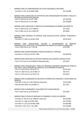 – NORMAS PARA AS COMEMORAÇÕES DE FESTAS NACIONAIS E MILITARES
- Port Min nº 137, de 16 MAR 1998 BE 13/1998
– NORMAS PARA CONFECÇÃO DE DISTINTIVOS DAS ORGANIZAÇÕES MILITARES E REGULA A
CRIAÇÃO DE DISTINTIVOS ESPECIAIS
- Port nº 530-Cmt Ex, 22 SET 1999 BE 43/1999
- Port nº 336-Cmt Ex, 11 JUL 2000 BE 29/2000
– NORMAS PARA CONFECÇÃO E TRÁFEGO DE RADIOGRAMAS NO ÂMBITO DO EXÉRCITO
- Port nº 188-Cmt Ex, de 17 ABR 03 BE 17/03
- Port nº 881-Cmt Ex, de 13 NOV 09 BE 46/09
– NORMAS PARA CONTROLE DE DESPESA COM AJUDA-DE-CUSTO, DIÁRIAS, PASSAGENS E
BAGAGENS
- Port Min nº 3.184, de 20 DEZ 1978 BE 01/1979
– NORMAS PARA CONVOCAÇÃO, SELEÇÃO E INCORPORAÇÃO DE MÉDICOS,
FARMACÊUTICOS, DENTISTAS E VETERINÁRIOS NO ÂMBITO DO EXÉRCITO BRASILEIRO
- Port nº 044-Cmt Ex, de 7 FEV 08 BE 07/08
– NORMAS PARA CORRESPONDÊNCIA RADIOTELEGRÁFICA E TRÁFEGO
- Port Min nº 1.979, de 10 OUT 1958 BE 48/1958
– NORMAS PARA DESPEDIDA DE OFICIAIS-GENERAIS QUE DEIXAM O SERVIÇO ATIVO
- Port nº 217-Cmt Ex, de 4 MAIO 01 (Republicação) BE 24/01
– NORMAS PARA DISTRIBUIÇÃO E TROCA DE PRÓPRIOS NACIONAIS RESIDENCIAIS (PNR) DE
USO GERAL, SOB JURISDIÇÃO DO EXÉRCITO, NA GUARNIÇÃO DE BRASÍLIA
- Port nº 1.310-Cmt Ex, de 29 SET 17 BE 39-A/17
- Port nº 1.583-Cmt Ex, de 14 NOV 17 BE 47/17
- Port nº 1.557-Cmt Ex, de 30 SET 19 BE 40/19
– NORMAS PARA ELABORAÇÃO DO REGISTRO HISTÓRICO DAS UNIDADES E REPARTIÇÕES DO
EXÉRCITO
- Port Min nº 653, de 7 DEZ 1994 (Em Separata) BE 52/1994
- Nota 04-SG/3-SGEx, de 26 MAR 12 BE 13/12
– NORMAS PARA ELABORAÇÃO E AVALIAÇÃO DOS PLANOS BÁSICOS
- Port nº 647-Cmt Ex, de 24 AGO 05 BE 35/05
– NORMAS PARA FEITURA DE INSÍGNIAS DE COMANDO, CHEFIA OU DIREÇÃO
- Port Min nº 793, de 4 JUL 1980 (Em Separata) BE 50/1981
- Port Min nº 1.285, de 3 DEZ 1981 BE 51/1981
- Port Min nº 1.252, de 20 NOV 1986 BE 49/1986
- Port Min nº 417, de 17 JUL 1996 BE 31/1996
Boletim Especial do Exército nº 2, de 31 de março de 2022. – 113/368
 