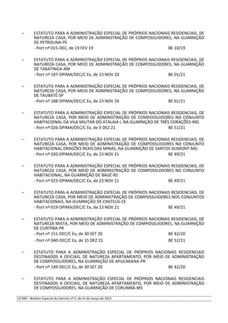 – ESTATUTO PARA A ADMINISTRAÇÃO ESPECIAL DE PRÓPRIOS NACIONAIS RESIDENCIAIS, DE
NATUREZA CASA, POR MEIO DE ADMINISTRAÇÃO DE COMPOSSUIDORES, NA GUARNIÇÃO
DE PETROLINA-PE
- Port nº 015-DEC, de 19 FEV 19 BE 10/19
– ESTATUTO PARA A ADMINISTRAÇÃO ESPECIAL DE PRÓPRIOS NACIONAIS RESIDENCIAIS, DE
NATUREZA CASA, POR MEIO DE ADMINISTRAÇÃO DE COMPOSSUIDORES, NA GUARNIÇÃO
DE TABATINGA-AM
- Port nº 187-DPIMA/DEC/C Ex, de 23 NOV 20 BE 01/21
– ESTATUTO PARA A ADMINISTRAÇÃO ESPECIAL DE PRÓPRIOS NACIONAIS RESIDENCIAIS, DE
NATUREZA CASA, POR MEIO DE ADMINISTRAÇÃO DE COMPOSSUIDORES, NA GUARNIÇÃO
DE TAUBATÉ-SP
- Port nº 188-DPIMA/DEC/C Ex, de 23 NOV 20 BE 01/21
– ESTATUTO PARA A ADMINISTRAÇÃO ESPECIAL DE PRÓPRIOS NACIONAIS RESIDENCIAIS, DE
NATUREZA CASA, POR MEIO DE ADMINISTRAÇÃO DE COMPOSSUIDORES NO CONJUNTO
HABITACIONAL DA VILA MILITAR DO ATALAIA I, NA GUARNIÇÃO DE TRÊS CORAÇÕES-MG
- Port nº 026-DPIMA/DEC/C Ex, de 9 DEZ 21 BE 51/21
– ESTATUTO PARA A ADMINISTRAÇÃO ESPECIAL DE PRÓPRIOS NACIONAIS RESIDENCIAIS, DE
NATUREZA CASA, POR MEIO DE ADMINISTRAÇÃO DE COMPOSSUIDORES NO CONJUNTO
HABITACIONAL DRAGÕES REAIS DAS MINAS, NA GUARNIÇÃO DE SANTOS DUMONT-MG
- Port nº 020-DPIMA/DEC/C Ex, de 23 NOV 21 BE 49/21
– ESTATUTO PARA A ADMINISTRAÇÃO ESPECIAL DE PRÓPRIOS NACIONAIS RESIDENCIAIS, DE
NATUREZA CASA, POR MEIO DE ADMINISTRAÇÃO DE COMPOSSUIDORES NO CONJUNTO
HABITACIONAL, NA GUARNIÇÃO DE BAGÉ-RS
- Port nº 023-DPIMA/DEC/C Ex, de 23 NOV 21 BE 49/21
– ESTATUTO PARA A ADMINISTRAÇÃO ESPECIAL DE PRÓPRIOS NACIONAIS RESIDENCIAIS, DE
NATUREZA CASA, POR MEIO DE ADMINISTRAÇÃO DE COMPOSSUIDORES NOS CONJUNTOS
HABITACIONAIS, NA GUARNIÇÃO DE CRATEÚS-CE
- Port nº 019-DPIMA/DEC/C Ex, de 23 NOV 21 BE 49/21
– ESTATUTO PARA A ADMINISTRAÇÃO ESPECIAL DE PRÓPRIOS NACIONAIS RESIDENCIAIS, DE
NATUREZA MISTA, POR MEIO DE ADMINISTRAÇÃO DE COMPOSSUIDORES, NA GUARNIÇÃO
DE CURITIBA-PR
- Port nº 151-DEC/C Ex, de 30 SET 20 BE 42/20
- Port nº 040-DEC/C Ex, de 15 DEZ 21 BE 52/21
– ESTATUTO PARA A ADMINISTRAÇÃO ESPECIAL DE PRÓPRIOS NACIONAIS RESIDENCIAIS
DESTINADOS A OFICIAIS, DE NATUREZA APARTAMENTO, POR MEIO DE ADMINISTRAÇÃO
DE COMPOSSUIDORES, NA GUARNIÇÃO DE APUCARANA-PR
- Port nº 149-DEC/C Ex, de 30 SET 20 BE 42/20
– ESTATUTO PARA A ADMINISTRAÇÃO ESPECIAL DE PRÓPRIOS NACIONAIS RESIDENCIAIS
DESTINADOS A OFICIAIS, DE NATUREZA APARTAMENTO, POR MEIO DE ADMINISTRAÇÃO
DE COMPOSSUIDORES, NA GUARNIÇÃO DE CORUMBÁ-MS
12/368 – Boletim Especial do Exército nº 2, de 31 de março de 2022.
 