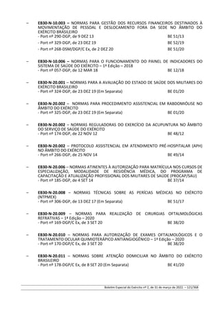 – EB30-N-10.003 – NORMAS PARA GESTÃO DOS RECURSOS FINANCEIROS DESTINADOS À
MOVIMENTAÇÃO DE PESSOAL E DESLOCAMENTO FORA DA SEDE NO ÂMBITO DO
EXÉRCITO BRASILEIRO
- Port nº 290-DGP, de 9 DEZ 13 BE 51/13
- Port nº 329-DGP, de 23 DEZ 19 BE 52/19
- Port nº 268-DSM/DGP/C Ex, de 2 DEZ 20 BE 51/20
– EB30-N-10.006 – NORMAS PARA O FUNCIONAMENTO DO PAINEL DE INDICADORES DO
SISTEMA DE SAÚDE DO EXÉRCITO – 1ª Edição – 2018
- Port nº 057-DGP, de 12 MAR 18 BE 12/18
– EB30-N-20.001 – NORMAS PARA A AVALIAÇÃO DO ESTADO DE SAÚDE DOS MILITARES DO
EXÉRCITO BRASILEIRO
- Port nº 324-DGP, de 23 DEZ 19 (Em Separata) BE 01/20
– EB30-N-20.002 – NORMAS PARA PROCEDIMENTO ASSISTENCIAL EM RABDOMIÓLISE NO
ÂMBITO DO EXÉRCITO
- Port nº 325-DGP, de 23 DEZ 19 (Em Separata) BE 01/20
– EB30-N-20.002 – NORMAS REGULADORAS DO EXERCÍCIO DA ACUPUNTURA NO ÂMBITO
DO SERVIÇO DE SAÚDE DO EXÉRCITO
- Port nº 174-DGP, de 22 NOV 12 BE 48/12
– EB30-N-20.002 – PROTOCOLO ASSISTENCIAL EM ATENDIMENTO PRÉ-HOSPITALAR (APH)
NO ÂMBITO DO EXÉRCITO
- Port nº 266-DGP, de 25 NOV 14 BE 49/14
– EB30-N-20.006 – NORMAS ATINENTES À AUTORIZAÇÃO PARA MATRÍCULA NOS CURSOS DE
ESPECIALIZAÇÃO, MODALIDADE DE RESIDÊNCIA MÉDICA, DO PROGRAMA DE
CAPACITAÇÃO E ATUALIZAÇÃO PROFISSIONAL DOS MILITARES DE SAÚDE (PROCAP/SAU)
- Port nº 185-DGP, de 4 SET 14 BE 37/14
– EB30-N-20.008 – NORMAS TÉCNICAS SOBRE AS PERÍCIAS MÉDICAS NO EXÉRCITO
(NTPMEX)
- Port nº 306-DGP, de 13 DEZ 17 (Em Separata) BE 51/17
– EB30-N-20.009 – NORMAS PARA REALIZAÇÃO DE CIRURGIAS OFTALMOLÓGICAS
REFRATIVAS – 1ª Edição – 2020
- Port nº 169-DGP/C Ex, de 3 SET 20 BE 38/20
– EB30-N-20.010 – NORMAS PARA AUTORIZAÇÃO DE EXAMES OFTALMOLÓGICOS E O
TRATAMENTO OCULAR QUIMIOTERÁPICO ANTIANGIOGÊNICO – 1ª Edição – 2020
- Port nº 170-DGP/C Ex, de 3 SET 20 BE 38/20
– EB30-N-20.011 – NORMAS SOBRE ATENÇÃO DOMICILIAR NO ÂMBITO DO EXÉRCITO
BRASILEIRO
- Port nº 178-DGP/C Ex, de 8 SET 20 (Em Separata) BE 41/20
Boletim Especial do Exército nº 2, de 31 de março de 2022. – 121/368
 