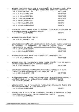 – NORMAS COMPLEMENTARES PARA A CONTRATAÇÃO DE AUXILIARES LOCAIS PARA
PRESTAR SERVIÇOS NAS REPRESENTAÇÕES DO COMANDO DO EXÉRCITO NO EXTERIOR
- Port nº 30-DGP, de 12 JUL 1999 BE 30/1999
- Port nº 49-DGP, de 29 SET 1999 BE 41/1999
- Port nº 10-DGP, de 18 FEV 2000 BE 08/2000
- Port nº 27-DGP, de 15 JUN 2000 BE 25/2000
- Port nº 208-DGP, de 28 DEZ 05 BE 50/05
- Port nº 098-DGP, de 3 MAIO 06 BE 19/06
- Port nº 103-DGP, de 10 MAIO 10 BE 21/10
– NORMAS DE AUDITAGEM DOS DADOS DO PROGRAMA DE ATUALIZAÇÃO DE DADOS DO
DEPARTAMENTO-GERAL DO PESSOAL (PAD/DGP)
- Port nº 057-DGP, de 15 ABR 11 BE 16/11
– NORMAS DE IMUNIZAÇÃO DO EXÉRCITO
- Port nº 09-DGS, de 11 MAR 1993 BE 12/1993
– NORMAS DE ORIENTAÇÃO PARA CADASTRAMENTO DE MILITARES E CIVIS DO MINISTÉRIO
NO PROGRAMA DE PATRIMÔNIO DO SERVIDOR PÚBLICO (PASEP) E PARA
PREENCHIMENTO DAS RELAÇÕES ANUAIS DE INFORMAÇÕES SOCIAIS (RAIS)
- Port nº 139-DGP, de 15 DEZ 1981 BE 52/1981
- Port nº 021-DGP, de 29 ABR 1983 BE 19/1983
– NORMAS GERAIS DE AÇÃO (NGA) PARA AS EQUIPES DAS AMBULÂNCIAS "UTI"
- Port nº 06-DGS, de 10 FEV 1993 BE 07/1993
– NORMAS GERAIS DE PROCEDIMENTOS PARA COLETA, DOAÇÃO E USO DE SANGUE,
COMPONENTES E HEMODERIVADOS NO ÂMBITO DO EXÉRCITO
- Port nº 18-DGS, de 31 MAIO 1988 BE 23/1988
– NORMAS GERAIS DE PROCEDIMENTOS PARA PADRONIZAÇÃO DA COLETA DE DADOS
ESTATÍSTICOS DAS ATIVIDADES DE SAÚDE NO ÂMBITO DO EXÉRCITO
- Port nº 025-DGS, de 13 SET 1999 BE 47/1999
– NORMAS GERAIS PARA A PROGRAMAÇÃO E EXECUÇÃO DAS ATIVIDADES DO SERVIÇO DE
ASSISTÊNCIA RELIGIOSA NAS CAPELANIAS MILITARES DO EXÉRCITO BRASILEIRO
- Port nº 014-DGP, de 5 MAR 02 BE 11/02
– NORMAS GERAIS PARA O PROGRAMA DE PLANEJAMENTO FAMILIAR NO ÂMBITO DAS
ORGANIZAÇÕES MILITARES DE SAÚDE DO EXÉRCITO
- Port nº 091-DGP, de 10 OUT 01 BE 42/01
– NORMAS PARA A AVALIAÇÃO DE DESEMPENHO, DURANTE O PERÍODO DE ESTÁGIO
PROBATÓRIO, DOS SERVIDORES CIVIS DO COMANDO DO EXÉRCITO
- Port nº 067-DGP, de 27 ABR 05 BE 19/05
126/368 – Boletim Especial do Exército nº 2, de 31 de março de 2022.
 