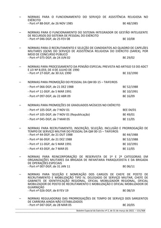 – NORMAS PARA O FUNCIONAMENTO DO SERVIÇO DE ASSISTÊNCIA RELIGIOSA NO
EXÉRCITO
- Port nº 88-DGP, de 26 NOV 1985 BE 48/1985
– NORMAS PARA O FUNCIONAMENTO DO SISTEMA INTEGRADOR DE GESTÃO INTELIGENTE
DE RECURSOS DO SISTEMA DE PESSOAL DO EXÉRCITO
- Port nº 046-DGP, de 25 FEV 08 BE 10/08
– NORMAS PARA O RECRUTAMENTO E SELEÇÃO DE CANDIDATOS AO QUADRO DE CAPELÃES
MILITARES (QCM) DO SERVIÇO DE ASSISTÊNCIA RELIGIOSA DO EXÉRCITO (SAREX), POR
MEIO DE CONCURSO PÚBLICO
- Port nº 075-DGP, de 24 JUN 02 BE 29/02
– NORMAS PARA PROCESSAMENTO DA PENSÃO ESPECIAL PREVISTA NO ARTIGO 53 DO ADCT
E LEI Nº 8.059, DE 4 DE JULHO DE 1990
- Port nº 27-DGP, de 30 JUL 1990 BE 33/1990
– NORMAS PARA PROMOÇÃO DO PESSOAL DA QM 00-15 – TAIFEIROS
- Port nº 066-DGP, de 21 DEZ 1988 BE 52/1988
- Port nº 11-DGP, de 5 MAR 1991 BE 10/1991
- Port nº 097-DGP, de 22 ABR 09 BE 16/09
– NORMAS PARA PROMOÇÕES DE GRADUADOS MÚSICOS NO EXÉRCITO
- Port nº 105-DGP, de 7 NOV 01 BEE 04/01
- Port nº 105-DGP, de 7 NOV 01 (Republicação) BE 49/01
- Port nº 045-DGP, de 7 MAR 05 BE 11/05
– NORMAS PARA RECRUTAMENTO, INSCRIÇÃO, SELEÇÃO, INCLUSÃO E PRORROGAÇÃO DE
TEMPO DE SERVIÇO MILITAR DO PESSOAL DA QM 00-15 – TAIFEIROS
- Port nº 44-DGP, de 21 OUT 1988 BE 44/1988
- Port nº 66-DGP, de 21 DEZ 1988 BE 52/1988
- Port nº 11-DGP, de 5 MAR 1991 BE 10/1991
- Port nº 43-DGP, de 7 MAR 05 BE 11/05
– NORMAS PARA REINCORPORAÇÃO DE RESERVISTA DE 1ª E 2ª CATEGORIAS EM
ORGANIZAÇÕES MILITARES DA BRIGADA DE INFANTARIA PARAQUEDISTA E DA BRIGADA
DE OPERAÇÕES ESPECIAIS
- Port nº 007-DGP, de 31 JAN 11 BE 06/11
– NORMAS PARA SELEÇÃO E NOMEAÇÃO DOS CARGOS DE CHEFE DE POSTO DE
RECRUTAMENTO E MOBILIZAÇÃO TIPO IV, DELEGADO DE SERVIÇO MILITAR, CHEFE DE
GABINETE DE IDENTIFICAÇÃO REGIONAL, OFICIAL MOBILIZADOR REGIONAL, OFICIAL
MOBILIZADOR DE POSTO DE RECRUTAMENTO E MOBILIZAÇÃO E OFICIAL MOBILIZADOR DE
GUARNIÇÃO
- Port nº 026-DGP, de 8 FEV 19 BE 08/19
– NORMAS REGULADORAS DAS PRORROGAÇÕES DE TEMPO DE SERVIÇO DOS SARGENTOS
DE CARREIRA AINDA NÃO ESTABILIZADOS
- Port nº 047-DGP, de 28 MAR 05 BE 20/05
Boletim Especial do Exército nº 2, de 31 de março de 2022. – 131/368
 