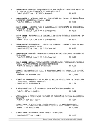 – EB60-N-10.001 – NORMAS PARA ELABORAÇÃO, APROVAÇÃO E EXECUÇÃO DE PROJETOS
CULTURAIS DE INTERESSE DO EXÉRCITO – 1ª Edição – 2016
- Port nº 167-DECEx, de 12 SET 16 (Em Separata) BE 38/16
– EB60-N-19.003 – NORMAS PARA OS DESCRITORES DA ESCALA DE PROFICIÊNCIA
LINGUÍSTICA DO EXÉRCITO – 1ª Edição – 2016
- Port nº 20-DECEx, de 11 FEV 16 BE 07/16
– EB60-N-52.001 – NORMAS PARA O SUBSISTEMA DE CERTIFICAÇÃO DE PROFICIÊNCIA
LINGUÍSTICA – 3ª Edição – 2021
- Port nº 241-DECEx/C Ex, de 19 JUL 21 (Em Separata) BE 30/21
– EB60-N-52.002 – NORMAS PARA O SUBSISTEMA DE ENSINO INTENSIVO DE IDIOMAS – 2ª
Edição – 2021
- Port nº 238-DECEx/C Ex, de 19 JUL 21 (Em Separata) BE 30/21
– EB60-N-52.003 – NORMAS PARA O SUBSISTEMA DE ENSINO E CERTIFICAÇÃO DE IDIOMAS
POR PARCERIAS – 1ª Edição – 2021
- Port nº 240-DECEx/C Ex, de 19 JUL 21 (Em Separata) BE 30/21
– EB60-N-52.004 – NORMAS PARA O SUBSISTEMA DE ENSINO REGULAR DE IDIOMAS – 1ª
Edição – 2021
- Port nº 239-DECEx/C Ex, de 19 JUL 21 (Em Separata) BE 30/21
– EB60-N-53.001 - NORMAS PARA AVALIAÇÃO PSICOLÓGICA NOS PROCESSOS SELETIVOS DO
PESSOAL MILITAR NO ÂMBITO DO EXÉRCITO BRASILEIRO
- Port nº 328-DECEx, de 6 DEZ 19 (Em Separata) BE 03/20
– NORMAS COMPLEMENTARES PARA O RECONHECIMENTO DE HABILITAÇÃO ESPECIAL
(NRHE)
- Port nº 06-DEP, de 5 MAR 1985 BE 12/1985
– NORMAS DE TRANSFERÊNCIA DE ALUNOS DA ESCOLA PREPARATÓRIA DE CADETES DO
EXÉRCITO PARA OS COLÉGIOS MILITARES
- Port nº 36-DEP, de 12 MAIO 04 BE 22/04
– NORMAS PARA A EXECUÇÃO DOS PROJETOS DE HISTÓRIA ORAL DO EXÉRCITO
- Port nº 34-DEP de 21 MAIO 02 BE 24/02
– NORMAS PARA A PRESERVAÇÃO E DIFUSÃO DO PATRIMÔNIO CULTURAL DO EXÉRCITO
BRASILEIRO
- Port nº 114-DEP, de 24 NOV 04 BE 50/04
– NORMAS PARA A PUBLICAÇÃO DE ARTIGOS EM REVISTAS MILITARES ESTRANGEIRAS
- Port nº 17-DEP, de 7 JUL 1986 BE 28/1986
– NORMAS PARA A REMESSA DE DADOS SOBRE O ENSINO (NRDE)
- Port nº 080-DECEx, de 21 JUN 11 BE 26/11
Boletim Especial do Exército nº 2, de 31 de março de 2022. – 143/368
 