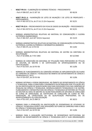 – NEB/T PR-0 A – ELABORAÇÃO DE NORMAS TÉCNICAS – PROCEDIMENTO
- Port nº 098-DCT, de 21 SET 18 BE 40/18
– NEB/T PR-21 A – NUMERAÇÃO DE LOTES DE MUNIÇÃO E DE LOTES DE PROPELENTE –
PROCEDIMENTO
- Port nº 062-DCT/C Ex, de 27 JUL 21 (Em Separata) BE 32/21
– NEB/T PR-22 A – PREENCHIMENTO DA FICHA DE DADOS DA MUNIÇÃO – PROCEDIMENTO
- Port nº 061-DCT/C Ex, de 27 JUL 21 (Em Separata) BE 32/21
– NORMAS ADMINISTRATIVAS RELATIVAS AO MATERIAL DE COMUNICAÇÕES E GUERRA
ELETRÔNICA (NARMCOMGE)
- Port nº 081-DCT, de 6 SET 18 (Em Separata) BE 15/19
– NORMAS ADMINISTRATIVAS RELATIVAS AO MATERIAL DE COMUNICAÇÕES ESTRATÉGICAS,
ELETRÔNICA, GUERRA ELETRÔNICA E INFORMÁTICA (NARMCEI)
- Port nº 005-STI, de 13 FEV 02 BE 11/02
– NORMAS ADMINISTRATIVAS RELATIVAS AO MATERIAL DE GESTÃO DA DIRETORIA DE
RECUPERAÇÃO
- Port nº 02-DMB, de 7 FEV 1983 BE 52/1983
– NORMAS DE CONCESSÃO DO ADICIONAL DE TITULAÇÃO PARA PORTADORES DE TÍTULOS
DE DOUTOR, DE MESTRE E DE CERTIFICADOS DE APERFEIÇOAMENTO OU DE
ESPECIALIZAÇÃO
- Port nº 013-DCT, de 10 FEV 06 BE 11/06
– NORMAS DE FUNCIONAMENTO DA COMISSÃO INTERNA DE IMPLEMENTAÇÃO DO PLANO
DE CARREIRAS DE CIÊNCIA E TECNOLOGIA NO ÂMBITO DO DEPARTAMENTO DE CIÊNCIA E
TECNOLOGIA (CI / DCT)
- Port nº 014-DCT, de 10 FEV 06 BE 11/06
– NORMAS INTERNAS A SEREM OBSERVADAS, NO ÂMBITO DO DEPARTAMENTO DE CIÊNCIA
E TECNOLOGIA, PARA A CONCESSÃO E PAGAMENTO DA RETRIBUIÇÃO POR TITULAÇÃO (RT)
OU DA GRATIFICAÇÃO DE QUALIFICAÇÃO (GQ) PARA SERVIDORES CIVIS DAS CARREIRAS DE
PESQUISA EM CIÊNCIA E TECNOLOGIA, DESENVOLVIMENTO TECNOLÓGICO E DE GESTÃO,
PLANEJAMENTO E INFRAESTRUTURA EM CIÊNCIA E TECNOLOGIA DETENTORES DE TÍTULOS
DE DOUTOR OU GRAU DE MESTRE OU SEJAM POSSUIDORES DE DIPLOMA DE CONCLUSÃO
DE CURSO DE GRADUAÇÃO, DE CERTIFICADO DE CONCLUSÃO DE CURSO DE PÓS-
GRADUAÇÃO, DE CAPACITAÇÃO OU DE QUALIFICAÇÃO PROFISSIONAL OU DE
APERFEIÇOAMENTO OU ESPECIALIZAÇÃO
- Port nº 011-DCT, de 25 ABR 13 BE 18/13
– NORMAS PARA A ATRIBUIÇÃO DA GRATIFICAÇÃO DE DESEMPENHO DE ATIVIDADE DE
CIÊNCIA E TECNOLOGIA (GDACT) AOS SERVIDORES DO PLANO DE CARREIRAS PARA A ÁREA
DE CIÊNCIA E TECNOLOGIA (NAGDACT)
- Port nº 012-DCT, de 10 FEV 06 BE 11/06
– NORMAS PARA A AVALIAÇÃO INSTITUCIONAL DE DESEMPENHO INSTITUCIONAL NO
ÂMBITO DO DEPARTAMENTO DE CIÊNCIA E TECNOLOGIA (DCT) E SUAS ORGANIZAÇÕES
Boletim Especial do Exército nº 2, de 31 de março de 2022. – 149/368
 