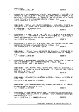Edição – 2020
- Port nº 071-SEF, de 29 JUL 20 BE 33/20
– EB90-N-02.005 – NORMAS PARA EXECUÇÃO DO CADASTRAMENTO, DISTRIBUIÇÃO DOS
BENEFÍCIOS E RESSARCIMENTO DE PREJUÍZOS DE PARTICIPANTES DO PROGRAMA DE
INTEGRAÇÃO SOCIAL/PROGRAMA DE FORMAÇÃO DO PATRIMÔNIO DO SERVIDOR
PÚBLICO (PIS/PASEP), NO COMANDO DO EXÉRCITO – 1ª Edição – 2020
- Port nº 112-SEF/C Ex, de 9 NOV 20 BE 47/20
– EB90-N-03.001 – NORMAS PARA O EMPREGO DE RECURSOS DO FUNDO DO EXÉRCITO NA
AQUISIÇÃO DE BENS MÓVEIS PARA OS PRÓPRIOS NACIONAIS RESIDENCIAIS FUNCIONAIS
DE COMANDANTES, CHEFES E DIRETORES
- Port nº 05-SEF, de 6 FEV 13 BE 08/13
– EB90-N-03.002 – NORMAS PARA A CONCESSÃO OU CASSAÇÃO DE AUTONOMIA OU
SEMIAUTONOMIA ADMINISTRATIVA E PARA A VINCULAÇÃO OU DESVINCULAÇÃO
ADMINISTRATIVA DE ORGANIZAÇÃO MILITAR – 2ª Edição – 2018
- Port nº 015-SEF, de 19 MAR 18 BE 13/18
– EB90-N-03.003 – NORMAS PARA A ADMINISTRAÇÃO DAS RECEITAS GERADAS PELAS
UNIDADES GESTORAS DO COMANDO DO EXÉRCITO – 1ª Edição – 2020
- Port nº 089-SEF/C Ex, de 19 OUT 20 (Em Separata) BE 43/20
– EB90-N-08.001 – NORMAS PARA A CONCESSÃO DE GARANTIA DE PAGAMENTO DE
ALUGUEL DE IMÓVEL RESIDENCIAL, NO ÂMBITO DO COMANDO DO EXÉRCITO – 1ª Edição –
2019
- Port nº 025-SEF, de 25 FEV 19 BE 10/19
– EB90-N-08.002 – NORMAS PARA PRESTAÇÃO DE CONTAS DOS RECURSOS UTILIZADOS
PELAS UNIDADES GESTORAS DO EXÉRCITO BRASILEIRO – 3ª Edição – 2019
- Port nº 040-SEF, de 2 MAIO 19 (Em Separata) BE 19/19
– EB90-N-08.003 – NORMAS PARA A EMISSÃO DE PARECER DA SECRETARIA DE ECONOMIA E
FINANÇAS SOBRE ADIANTAMENTO DE PAGAMENTO EM CONTRATOS, EM CARÁTER
EXCEPCIONAL – 1ª Edição – 2016
- Port nº 003-SEF, de 22 FEV 16 BE 09/16
– EB90-N-08.004 – NORMAS PARA A ATUAÇÃO DO GESTOR E DO FISCAL DE CONTRATOS – 2ª
Edição – 2020
- Port nº 037-SEF, de 14 ABR 20 (Em Separata) BE 16/20
– EB90-N-08.005 – NORMAS PARA CONTABILIZAÇÃO DA PROVISÃO ESTIMADA DAS PENSÕES
MILITARES NO EXÉRCITO – 1ª Edição – 2017
- Port nº 061-SEF, de 13 DEZ 17 BE 51/17
– EB90-N-08.007 – NORMAS PARA A ORGANIZAÇÃO E O FUNCIONAMENTO DOS GRUPOS DE
COORDENAÇÃO E ACOMPANHAMENTO DE LICITAÇÕES E CONTRATOS DE BENS E SERVIÇOS
COMUNS – 1ª Edição – 2021
- Port nº 144-SEF/C Ex, de 19 JUL 21 (Em Separata) BE 30/21
Boletim Especial do Exército nº 2, de 31 de março de 2022. – 151/368
 