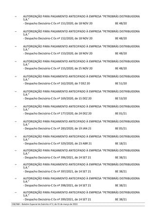 – AUTORIZAÇÃO PARA PAGAMENTO ANTECIPADO À EMPRESA “PETROBRÁS DISTRIBUIDORA
S.A.”
- Despacho Decisório-C Ex nº 151/2020, de 18 NOV 20 BE 48/20
– AUTORIZAÇÃO PARA PAGAMENTO ANTECIPADO À EMPRESA “PETROBRÁS DISTRIBUIDORA
S.A.”
- Despacho Decisório-C Ex nº 152/2020, de 18 NOV 20 BE 48/20
– AUTORIZAÇÃO PARA PAGAMENTO ANTECIPADO À EMPRESA “PETROBRÁS DISTRIBUIDORA
S.A.”
- Despacho Decisório-C Ex nº 153/2020, de 18 NOV 20 BE 48/20
– AUTORIZAÇÃO PARA PAGAMENTO ANTECIPADO À EMPRESA “PETROBRÁS DISTRIBUIDORA
S.A.”
- Despacho Decisório-C Ex nº 155/2020, de 25 NOV 20 BE 48/20
– AUTORIZAÇÃO PARA PAGAMENTO ANTECIPADO À EMPRESA “PETROBRÁS DISTRIBUIDORA
S.A.”
- Despacho Decisório-C Ex nº 162/2020, de 7 DEZ 20 BE 51/20
– AUTORIZAÇÃO PARA PAGAMENTO ANTECIPADO À EMPRESA “PETROBRÁS DISTRIBUIDORA
S.A.”
- Despacho Decisório-C Ex nº 169/2020, de 15 DEZ 20 BE 53/20
– AUTORIZAÇÃO PARA PAGAMENTO ANTECIPADO À EMPRESA “PETROBRÁS DISTRIBUIDORA
S.A.”
- Despacho Decisório-C Ex nº 177/2020, de 24 DEZ 20 BE 01/21
– AUTORIZAÇÃO PARA PAGAMENTO ANTECIPADO À EMPRESA “PETROBRÁS DISTRIBUIDORA
S.A.”
- Despacho Decisório-C Ex nº 283/2020, de 19 JAN 21 BE 05/21
– AUTORIZAÇÃO PARA PAGAMENTO ANTECIPADO À EMPRESA “PETROBRÁS DISTRIBUIDORA
S.A.”
- Despacho Decisório-C Ex nº 329/2020, de 23 ABR 21 BE 18/21
– AUTORIZAÇÃO PARA PAGAMENTO ANTECIPADO À EMPRESA “PETROBRÁS DISTRIBUIDORA
S.A.”
- Despacho Decisório-C Ex nº 396/2021, de 14 SET 21 BE 38/21
– AUTORIZAÇÃO PARA PAGAMENTO ANTECIPADO À EMPRESA “PETROBRÁS DISTRIBUIDORA
S.A.”
- Despacho Decisório-C Ex nº 397/2021, de 14 SET 21 BE 38/21
– AUTORIZAÇÃO PARA PAGAMENTO ANTECIPADO À EMPRESA “PETROBRÁS DISTRIBUIDORA
S.A.”
- Despacho Decisório-C Ex nº 398/2021, de 14 SET 21 BE 38/21
– AUTORIZAÇÃO PARA PAGAMENTO ANTECIPADO À EMPRESA “PETROBRÁS DISTRIBUIDORA
S.A.”
- Despacho Decisório-C Ex nº 399/2021, de 14 SET 21 BE 38/21
158/368 – Boletim Especial do Exército nº 2, de 31 de março de 2022.
 