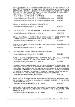 – DEVOLUÇÃO DE FRAÇÃO DE BEM IMÓVEL PRÓPRIO NACIONAL, SITUADO EM RECIFE-PE, À
SECRETARIA DE PATRIMÔNIO DA UNIÃO (SPU), POR INTERMÉDIO DA SUPERINTENDÊNCIA
DO PATRIMÔNIO DA UNIÃO NO ESTADO DE PERNAMBUCO (SPU/PE) POR NÃO SUBSISTIR
INTERESSE NA SUA UTILIZAÇÃO PARA QUE FORA ADQUIRIDO, SERVIÇO PÚBLICO
VOCACIONADO PARA ATIVIDADES MILITARES
- Despacho Decisório nº 055/2020, de 11 MAIO 20 BE 21/20
- Despacho Decisório nº 055/2020, de 11 MAIO 20 (Apostilamento) BE 24/20
- Despacho Decisório nº 055/2020, de 11 MAIO 20 (Apostilamento) BE 41/20
– DOAÇÃO DE APARELHO DE MAMOGRAFIA (HGEC/ 5ª RM)
- Despacho Decisório nº 021/2020, de 27 FEV 20 BE 11/20
– DOAÇÃO DE FUZIS 7,62 MM “FAL” PARA A POLÍCIA MILITAR DO ESTADO DO PARANÁ
- Despacho Decisório nº 57/2020, de 14 MAIO 20 BE 19-A/20
– DOAÇÃO DE VIATURAS DE TRANSPORTE NÃO ESPECIALIZADO 5T 1418 DO 62º BATALHÃO
DE INFANTARIA PARA A POLÍCIA MILITAR DO ESTADO DE SANTA CATARINA
- Despacho Decisório nº 49/2020. de 28 ABR 20 BE 20/20
– DOAÇÃO DE VTP PALIO 1.8 ELX DO 44º BI MTZ PARA A DIRETORIA DE PROTEÇÃO E DEFESA
CIVIL – CUIABÁ-MT
- Despacho Decisório nº 044/2020, de 13 ABR 20 BE 17/20
– FÉRIAS DOS SARGENTOS DA TURMA DE FORMAÇÃO 2008/2009
- Despacho Decisório nº 210/2019, de 23 DEZ 19 BE 01/20
– PLANO DE NACIONALIZAÇÃO DA EMPRESA DELFIRE ARMS LTDA (DFA), PARA A PRODUÇÃO
DE PISTOLAS DO MODELO “REX DELTA” NOS CALIBRES .380 E 9 MM
- Despacho Decisório nº 61/2020, de 18 MAIO 20 BE 03/20
– PRORROGA O PRAZO ESTABELECIDO NO DESPACHO DECISÓRIO DO COMANDANTE DO
EXÉRCITO Nº 119/2011, DE 28 DE JULHO DE 2011, PARA QUE A SUPERINTENDÊNCIA DO
PATRIMÔNIO DA UNIÃO NO RIO DE JANEIRO (SPU/RJ) PROMOVA A REGULARIZAÇÃO
FUNDIÁRIA E A IMPLANTAÇÃO DO PROJETO SOCIAL PROPOSTO EM FRAÇÃO REVERTIDA
DO IMÓVEL RJ 01-0237, DENOMINADO FAZENDA ENGENHO NOVO DA PIEDADE,
ATUALMENTE SOB A ADMINISTRAÇÃO DA SUPERINTENDÊNCIA DO SPU/RJ
- Despacho Decisório-C Ex nº 425, de 10 NOV 21 BE 46/21
– RATIFICAÇÃO DA AQUISIÇÃO DE BEM IMÓVEL PRÓPRIO NACIONAL SOB ADMINISTRAÇÃO
DO COMANDO DO EXÉRCITO, LOCALIZADO À AVENIDA BEBERIBE, Nº 291, BAIRRO
ENCRUZILHADA, RECIFE-PE
- Despacho Decisório-C Ex nº 392/2021, de 9 SET 21 BE 38/21
– RATIFICAÇÃO DA AQUISIÇÃO DE BEM IMÓVEL PRÓPRIO NACIONAL SOB ADMINISTRAÇÃO
DO COMANDO DO EXÉRCITO, LOCALIZADO À AVENIDA NORTE, Nº 100, BAIRRO SANTO
AMARO, RECIFE-PE
- Despacho Decisório-C Ex nº 394/2021, de 9 SET 21 BE 38/21
Boletim Especial do Exército nº 2, de 31 de março de 2022. – 161/368
 