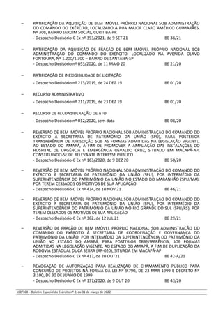 – RATIFICAÇÃO DA AQUISIÇÃO DE BEM IMÓVEL PRÓPRIO NACIONAL SOB ADMINISTRAÇÃO
DO COMANDO DO EXÉRCITO, LOCALIZADO À RUA MAJOR CLARO AMÉRICO GUIMARÃES,
Nº 308, BAIRRO JARDIM SOCIAL, CURITIBA-PR
- Despacho Decisório-C Ex nº 393/2021, de 9 SET 21 BE 38/21
– RATIFICAÇÃO DA AQUISIÇÃO DE FRAÇÃO DE BEM IMÓVEL PRÓPRIO NACIONAL SOB
ADMINISTRAÇÃO DO COMANDO DO EXÉRCITO, LOCALIZADO NA AVENIDA OLAVO
FONTOURA, Nº 1.200/1.300 – BAIRRO DE SANTANA-SP
- Despacho Decisório nº 053/2020, de 11 MAIO 20 BE 21/20
– RATIFICAÇÃO DE INEXIGIBILIDADE DE LICITAÇÃO
- Despacho Decisório nº 213/2019, de 24 DEZ 19 BE 01/20
– RECURSO ADMINISTRATIVO
- Despacho Decisório nº 211/2019, de 23 DEZ 19 BE 01/20
– RECURSO DE RECONSIDERAÇÃO DE ATO
- Despacho Decisório nº 012/2020, sem data BE 08/20
– REVERSÃO DE BEM IMÓVEL PRÓPRIO NACIONAL SOB ADMINISTRAÇÃO DO COMANDO DO
EXÉRCITO À SECRETARIA DE PATRIMÔNIO DA UNIÃO (SPU), PARA POSTERIOR
TRANSFERÊNCIA DE JURISDIÇÃO SOB AS FORMAS ADMITIDAS NA LEGISLAÇÃO VIGENTE,
AO ESTADO DO AMAPÁ, A FIM DE PROMOVER A AMPLIAÇÃO DAS INSTALAÇÕES DO
HOSPITAL DE URGÊNCIA E EMERGÊNCIA OSVALDO CRUZ, SITUADO EM MACAPÁ-AP,
CONSTITUINDO-SE DE RELEVANTE INTERESSE PÚBLICO
- Despacho Decisório-C Ex nº 163/2020, de 9 DEZ 20 BE 50/20
– REVERSÃO DE BEM IMÓVEL PRÓPRIO NACIONAL SOB ADMINISTRAÇÃO DO COMANDO DO
EXÉRCITO À SECRETARIA DE PATRIMÔNIO DA UNIÃO (SPU), POR INTERMÉDIO DA
SUPERINTENDÊNCIA DO PATRIMÔNIO DA UNIÃO NO ESTADO DO MARANHÃO (SPU/MA),
POR TEREM CESSADOS OS MOTIVOS DE SUA APLICAÇÃO
- Despacho Decisório-C Ex nº 424, de 10 NOV 21 BE 46/21
– REVERSÃO DE BEM IMÓVEL PRÓPRIO NACIONAL SOB ADMINISTRAÇÃO DO COMANDO DO
EXÉRCITO À SECRETARIA DE PATRIMÔNIO DA UNIÃO (SPU), POR INTERMÉDIO DA
SUPERINTENDÊNCIA DO PATRIMÔNIO DA UNIÃO NO RIO GRANDE DO SUL (SPU/RS), POR
TEREM CESSADOS OS MOTIVOS DE SUA APLICAÇÃO
- Despacho Decisório-C Ex nº 362, de 12 JUL 21 BE 29/21
– REVERSÃO DE FRAÇÃO DE BEM IMÓVEL PRÓPRIO NACIONAL SOB ADMINISTRAÇÃO DO
COMANDO DO EXÉRCITO À SECRETARIA DE COORDENAÇÃO E GOVERNANÇA DO
PATRIMÔNIO DA UNIÃO, POR INTERMÉDIO DA SUPERINTENDÊNCIA DO PATRIMÔNIO DA
UNIÃO NO ESTADO DO AMAPÁ, PARA POSTERIOR TRANSFERÊNCIA, SOB FORMAS
ADMITIDAS NA LEGISLAÇÃO VIGENTE, AO ESTADO DO AMAPÁ, A FIM DE DUPLICAÇÃO DA
RODOVIA ESTADUAL DUCA SERRA (AP-020), SITUADA EM MACAPÁ-AP
- Despacho Decisório-C Ex nº 417, de 20 OUT21 BE 42-A/21
– REVOGAÇÃO DE AUTORIZAÇÃO PARA REALIZAÇÃO DE CHAMAMENTO PÚBLICO PARA
CONCURSO DE PROJETOS NA FORMA DA LEI Nº 9.790, DE 23 MAR 1999 E DECRETO Nº
3.100, DE 30 DE JUNHO DE 1999
- Despacho Decisório-C Ex nº 137/2020, de 9 OUT 20 BE 43/20
162/368 – Boletim Especial do Exército nº 2, de 31 de março de 2022.
 