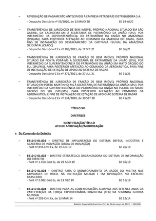 – REVOGAÇÃO DE PAGAMENTO ANTECIPADO À EMPRESA PETROBRÁS DISTRIBUIDORA S.A.
- Despacho Decisório nº 56/2020, de 13 MAIO 20 BE 19-A/20
– TRANSFERÊNCIA DE JURISDIÇÃO DE BEM IMÓVEL PRÓPRIO NACIONAL SITUADO EM SÃO
GABRIEL DA CACHOEIRA-AM À SECRETARIA DE PATRIMÔNIO DA UNIÃO (SPU), POR
INTERMÉDIO DA SUPERINTENDÊNCIA DO PATRIMÔNIO DA UNIÃO NO AMAZONAS
(SPU/AM), PARA POSTERIOR AFETAÇÃO AO COMANDO DA MARINHA DO BRASIL, PARA
FINS DE INSTALAÇÃO DO DESTACAMENTO DA CAPITANIA FLUVIAL DA AMAZÔNIA
OCIDENTAL (CFAOC)
- Despacho Decisório-C Ex nº 386/2021, de 1º SET 21 BE 36/21
– TRANSFERÊNCIA DE JURISDIÇÃO DE FRAÇÃO DE BEM IMÓVEL PRÓPRIO NACIONAL
SITUADO EM PONTA PORÃ-MS À SECRETARIA DE PATRIMÔNIO DA UNIÃO (SPU), POR
INTERMÉDIO DA SUPERINTENDÊNCIA DO PATRIMÔNIO DA UNIÃO EM MATO GROSSO DO
SUL (SPU/MS), PARA POSTERIOR AFETAÇÃO AO COMANDO DA AERONÁUTICA, PARA FINS
DE INSTALAÇÃO DE ESTAÇÃO DE APOIO AO SISTEMA DE RADAR
- Despacho Decisório-C Ex nº 372/2021, de 27 JUL 21 BE 31/21
– TRANSFERÊNCIA DE JURISDIÇÃO DE FRAÇÃO DE BEM IMÓVEL PRÓPRIO NACIONAL
SITUADO EM PORTO MURTINHO-MS À SECRETARIA DE PATRIMÔNIO DA UNIÃO (SPU), POR
INTERMÉDIO DA SUPERINTENDÊNCIA DO PATRIMÔNIO DA UNIÃO NO ESTADO DO MATO
GROSSO DO SUL (SPU/MS), PARA POSTERIOR AFETAÇÃO AO COMANDO DA
AERONÁUTICA, E FINS DE INSTALAÇÃO DE ESTAÇÃO DE APOIO AO SISTEMA DE RADAR
- Despacho Decisório-C Ex nº 134/2020, de 30 SET 20 BE 41/20
TÍTULO XV
DIRETRIZES
IDENTIFICAÇÃO/TÍTULO
ATO DE APROVAÇÃO/MODIFICAÇÃO
a. Do Comando do Exército
– EB10-D-01.001 – DIRETRIZ DE IMPLANTAÇÃO DO SISTEMA DEFESA, INDÚSTRIA E
ACADEMIA DE INOVAÇÃO (SISDIA DE INOVAÇÃO)
- Port nº 893-Cmt Ex, de 19 JUN 19 BE 26/19
– EB10-D-01.002 – DIRETRIZ ESTRATÉGICA ORGANIZADORA DO SISTEMA DE INFORMAÇÃO
DO EXÉRCITO
- Port nº 1.350-Cmt Ex, de 29 AGO 19 BE 36/19
– EB10-D-01.003 – DIRETRIZ PARA O MONITORAMENTO DA SAÚDE DO MILITAR NAS
ATIVIDADES DE RISCO, NA INSTRUÇÃO MILITAR E EM OPERAÇÕES NO EXÉRCITO
BRASILEIRO
- Port nº 2.002-Cmt Ex, de 13 DEZ 19 BE 51/19
– EB10-D-01.004 – DIRETRIZ PARA AS COMEMORAÇÕES ALUSIVAS AOS SETENTA ANOS DA
PARTICIPAÇÃO DA FORÇA EXPEDICIONÁRIA BRASILEIRA (FEB) NA SEGUNDA GUERRA
MUNDIAL
- Port nº 205-Cmt Ex, de 13 MAR 14 BE 12/14
Boletim Especial do Exército nº 2, de 31 de março de 2022. – 163/368
 