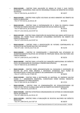 – EB10-D-03.001 – DIRETRIZ PARA AQUISIÇÃO DE ARMAS DE FOGO E SUAS PARTES,
MUNIÇÕES E ACESSÓRIOS, PARA USO DA SEGURANÇA PESSOAL DO MINISTRO DE ESTADO
DA DEFESA
- Port nº 154-Cmt Ex, de 24 FEV 17 BE 10/17
– EB10-D-04.001 – DIRETRIZ PARA AÇÕES VOLTADAS AO MEIO AMBIENTE NO ÂMBITO DO
EXÉRCITO BRASILEIRO
- Port nº 737-Cmt Ex, de 28 JUL 20 BE 31/20
– EB10-D-05.001 – DIRETRIZ PARA A ENTRONIZAÇÃO DE D. ROSA DA FONSECA COMO
PATRONO DA FAMÍLIA MILITAR E IMPLANTAÇÃO DO DIA DA FAMÍLIA MILITAR
- Port nº 650-Cmt Ex, de 10 JUN 16 BE 24/16
- Port nº 1.211-Cmt Ex, de 22 SET 16 BE 39/16
– EB10-D-05.002 – DIRETRIZ PARA CONFECÇÃO DO INVENTÁRIO DAS OBRAS ARTÍSTICAS DO
CORONEL R/1 PEDRO PAULO CANTALICE ESTIGARRÍBIA EXISTENTES NO ÂMBITO DO
EXÉRCITO BRASILEIRO
- Port nº 1.219-Cmt Ex, de 23 SET 16 BE 39/16
– EB10-D-06.001 – DIRETRIZ PARA A IDENTIFICAÇÃO DE FATORES CONTRIBUINTES DE
ACIDENTES NA INSTRUÇÃO MILITAR E NO SERVIÇO
- Port nº 1.166 – Cmt Ex, de 27 JUL 18 BE 31/18
– EB10-D-08.001 – DIRETRIZ DE COORDENAÇÃO E ORIENTAÇÃO DAS ATIVIDADES DE
ACOMPANHAMENTO RELATIVAS AO SISTEMA DE PROTEÇÃO SOCIAL DOS MILITARES DAS
FORÇAS ARMADAS
- Port nº 1.549-Cmt Ex, de 21 NOV 16 BE 50/16
– EB10-D-08.002 – DIRETRIZ PARA A ATUAÇÃO DA FUNDAÇÃO HABITACIONAL DO EXÉRCITO
(FHE) E DA ASSOCIAÇÃO DE POUPANÇA E EMPRÉSTIMO (POUPEX)
- Port nº 458-Cmt Ex, de 6 MAIO 20 BE 21/20
– EB10-D-09.001 – DIRETRIZ SOBRE MOVIMENTAÇÃO OU PASSAGEM À DISPOSIÇÃO DE
MILITAR DA ATIVA PARA ÓRGÃOS E ENTIDADES ATENDIDOS PELO PLANO DE
MOVIMENTAÇÃO A CARGO DO GABINETE DO COMANDANTE DO EXÉRCITO
- Port nº 1.219-C Ex, de 17 NOV 20 BE 48/20
– EB10-D-09.003 – DIRETRIZ PARA A DESTINAÇÃO DE MATERIAL DE EMPREGO MILITAR
CLASSE V – ARMAMENTO INSERVÍVEL, CLASSIFICADO COMO OCIOSO, OBSOLETO,
ANTIECONÔMICO OU IRRECUPERÁVEL
- Port nº 262-Cmt Ex, de 18 ABR 13 BE 17/13
– EB10-D-09.004 – DIRETRIZ PARA AS COMEMORAÇÕES DO SESQUICENTENÁRIO DO
CONFLITO DA TRÍPLICE ALIANÇA (1864-1870) NO ÂMBITO DO EXÉRCITO BRASILEIRO
- Port nº 1.783-Cmt Ex, de 8 DEZ 15 BE 50/15
– EB10-D-09.005 – DIRETRIZ ESTRATÉGICA ORGANIZADORA DO SISTEMA DE COMUNICAÇÃO
SOCIAL DO EXÉRCITO
- Port nº 1.066-Cmt Ex, de 18 JUL 19 BE 32/19
– EB10-D-09.006 – DIRETRIZ PARA A PUBLICAÇÃO DE REVISTAS MILITARES NO EXÉRCITO
BRASILEIRO
- Port nº 1.390-Cmt Ex, de 5 SET 19 BE 38/19
Boletim Especial do Exército nº 2, de 31 de março de 2022. – 165/368
 