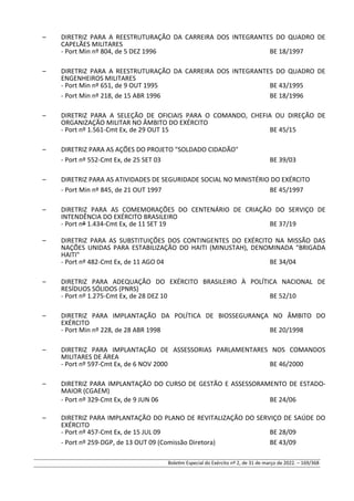 – DIRETRIZ PARA A REESTRUTURAÇÃO DA CARREIRA DOS INTEGRANTES DO QUADRO DE
CAPELÃES MILITARES
- Port Min nº 804, de 5 DEZ 1996 BE 18/1997
– DIRETRIZ PARA A REESTRUTURAÇÃO DA CARREIRA DOS INTEGRANTES DO QUADRO DE
ENGENHEIROS MILITARES
- Port Min nº 651, de 9 OUT 1995 BE 43/1995
- Port Min nº 218, de 15 ABR 1996 BE 18/1996
– DIRETRIZ PARA A SELEÇÃO DE OFICIAIS PARA O COMANDO, CHEFIA OU DIREÇÃO DE
ORGANIZAÇÃO MILITAR NO ÂMBITO DO EXÉRCITO
- Port nº 1.561-Cmt Ex, de 29 OUT 15 BE 45/15
– DIRETRIZ PARA AS AÇÕES DO PROJETO "SOLDADO CIDADÃO"
- Port nº 552-Cmt Ex, de 25 SET 03 BE 39/03
– DIRETRIZ PARA AS ATIVIDADES DE SEGURIDADE SOCIAL NO MINISTÉRIO DO EXÉRCITO
- Port Min nº 845, de 21 OUT 1997 BE 45/1997
– DIRETRIZ PARA AS COMEMORAÇÕES DO CENTENÁRIO DE CRIAÇÃO DO SERVIÇO DE
INTENDÊNCIA DO EXÉRCITO BRASILEIRO
- Port nº 1.434-Cmt Ex, de 11 SET 19 BE 37/19
– DIRETRIZ PARA AS SUBSTITUIÇÕES DOS CONTINGENTES DO EXÉRCITO NA MISSÃO DAS
NAÇÕES UNIDAS PARA ESTABILIZAÇÃO DO HAITI (MINUSTAH), DENOMINADA "BRIGADA
HAITI"
- Port nº 482-Cmt Ex, de 11 AGO 04 BE 34/04
– DIRETRIZ PARA ADEQUAÇÃO DO EXÉRCITO BRASILEIRO À POLÍTICA NACIONAL DE
RESÍDUOS SÓLIDOS (PNRS)
- Port nº 1.275-Cmt Ex, de 28 DEZ 10 BE 52/10
– DIRETRIZ PARA IMPLANTAÇÃO DA POLÍTICA DE BIOSSEGURANÇA NO ÂMBITO DO
EXÉRCITO
- Port Min nº 228, de 28 ABR 1998 BE 20/1998
– DIRETRIZ PARA IMPLANTAÇÃO DE ASSESSORIAS PARLAMENTARES NOS COMANDOS
MILITARES DE ÁREA
- Port nº 597-Cmt Ex, de 6 NOV 2000 BE 46/2000
– DIRETRIZ PARA IMPLANTAÇÃO DO CURSO DE GESTÃO E ASSESSORAMENTO DE ESTADO-
MAIOR (CGAEM)
- Port nº 329-Cmt Ex, de 9 JUN 06 BE 24/06
– DIRETRIZ PARA IMPLANTAÇÃO DO PLANO DE REVITALIZAÇÃO DO SERVIÇO DE SAÚDE DO
EXÉRCITO
- Port nº 457-Cmt Ex, de 15 JUL 09 BE 28/09
- Port nº 259-DGP, de 13 OUT 09 (Comissão Diretora) BE 43/09
Boletim Especial do Exército nº 2, de 31 de março de 2022. – 169/368
 