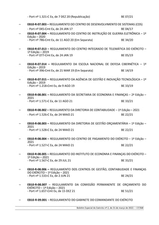 - Port nº 1.321-C Ex, de 7 DEZ 20 (Republicação) BE 07/21
– EB10-R-07.003 – REGULAMENTO DO CENTRO DE DESENVOLVIMENTO DE SISTEMAS (CDS)
- Port nº 045-Cmt Ex, de 24 JAN 17 BE 04/17
– EB10-R-07.004 – REGULAMENTO DO CENTRO DE INSTRUÇÃO DE GUERRA ELETRÔNICA – 1ª
Edição – 2020
- Port nº 786-Cmt Ex, de 11 AGO 20 (Em Separata) BE 34/20
– EB10-R-07.013 – REGULAMENTO DO CENTRO INTEGRADO DE TELEMÁTICA DO EXÉRCITO –
1ª Edição – 2019
- Port nº 077-Cmt Ex, de 24 JAN 19 BE 05/19
– EB10-R-07.014 – REGULAMENTO DA ESCOLA NACIONAL DE DEFESA CIBERNÉTICA – 1ª
Edição – 2019
- Port nº 396-Cmt Ex, de 21 MAR 19 (Em Separata) BE 14/19
– EB10-R-07.015 – REGULAMENTO DA AGÊNCIA DE GESTÃO E INOVAÇÃO TECNOLÓGICA – 1ª
Edição – 2019
- Port nº 1.218-Cmt Ex, de 9 AGO 19 BE 33/19
– EB10-R-08.001 – REGULAMENTO DA SECRETARIA DE ECONOMIA E FINANÇAS – 2ª Edição –
2021
- Port nº 1.571-C Ex, de 11 AGO 21 BE 33/21
– EB10-R-08.002 – REGULAMENTO DA DIRETORIA DE CONTABILIDADE – 1ª Edição – 2021
- Port nº 1.526-C Ex, de 24 MAIO 21 BE 22/21
– EB10-R-08.003 – REGULAMENTO DA DIRETORIA DE GESTÃO ORÇAMENTÁRIA – 1ª Edição –
2021
- Port nº 1.528-C Ex, de 24 MAIO 21 BE 22/21
– EB10-R-08.004 – REGULAMENTO DO CENTRO DE PAGAMENTO DO EXÉRCITO – 1ª Edição –
2021
- Port nº 1.527-C Ex, de 24 MAIO 21 BE 22/21
– EB10-R-08.005 – REGULAMENTO DO INSTITUTO DE ECONOMIA E FINANÇAS DO EXÉRCITO –
1ª Edição – 2021
- Port nº 1.567-C Ex, de 29 JUL 21 BE 31/21
– EB10-R-08.006 – REGULAMENTO DOS CENTROS DE GESTÃO, CONTABILIDADE E FINANÇAS
DO EXÉRCITO – 1ª Edição – 2021
- Port nº 1.533-C Ex, de 2 JUN 21 BE 24/21
– EB10-R-08.007 – REGULAMENTO DA COMISSÃO PERMANENTE DE ORÇAMENTO DO
EXÉRCITO – 1ª Edição – 2021
- Port nº 1.657-Cmt Ex, de 15 DEZ 21 BE 51/21
– EB10-R-09.001 – REGULAMENTO DO GABINETE DO COMANDANTE DO EXÉRCITO
Boletim Especial do Exército nº 2, de 31 de março de 2022. – 17/368
 