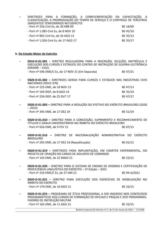 – DIRETRIZES PARA A FORMAÇÃO, A COMPLEMENTAÇÃO DA CAPACITAÇÃO, A
CLASSIFICAÇÃO, A PRORROGAÇÃO DO TEMPO DE SERVIÇO E O CONTROLE DE TERCEIROS
SARGENTOS TEMPORÁRIOS NO EXÉRCITO
- Port nº 256-Cmt Ex, de 30 ABR 09 BE 18/09
- Port nº 1.085-Cmt Ex, de 8 NOV 10 BE 45/10
- Port nº 805-Cmt Ex, de 26 AGO 13 BE 35/13
- Port nº 1.026-Cmt Ex, de 17 AGO 17 BE 35/17
b. Do Estado-Maior do Exército
– EB10-D-01.081 – DIRETRIZ REGULADORA PARA A INSCRIÇÃO, SELEÇÃO, MATRÍCULA E
EXECUÇÃO DOS CURSOS E ESTÁGIOS DO CENTRO DE INSTRUÇÃO DE GUERRA ELETRÔNICA
(DRISME – CIGE)
- Port nº 596-EME/C Ex, de 17 NOV 21 (Em Separata) BE 47/21
– EB20-D-01.002 – DIRETRIZES GERAIS PARA CURSOS E ESTÁGIOS NAS INDÚSTRIAS CIVIS
NACIONAIS (DGCE-ICN)
- Port nº 225-EME, de 18 NOV 13 BE 47/13
- Port nº 169-DGP, de 8 AGO 14 BE 35/14
- Port nº 256-DGP, de 25 OUT 17 BE 47/17
– EB20-D-01.003 – DIRETRIZ PARA A REDUÇÃO DO EFETIVO DO EXÉRCITO BRASILEIRO (2020
– 2023)
- Port nº 395-EME, de 17 DEZ 19 BE 51/19
– EB20-D-01.010 – DIRETRIZ PARA A CONCESSÃO, SUPRIMENTO E RECONHECIMENTO DE
TÍTULOS E GRAUS UNIVERSITÁRIOS NO ÂMBITO DO EXÉRCITO BRASILEIRO
- Port nº 026-EME, de 9 FEV 15 BE 07/15
– EB20-D-01.016 – DIRETRIZ DE RACIONALIZAÇÃO ADMINISTRATIVA DO EXÉRCITO
BRASILEIRO
- Port nº 295-EME, de 17 DEZ 14 (Republicação) BE 01/15
– EB20-D-01.019 – DIRETRIZES PARA IMPLANTAÇÃO, EM CARÁTER EXPERIMENTAL, DO
PROJETO DE CRIAÇÃO DO CARGO DE ADJUNTO DE COMANDO
- Port nº 103-EME, de 22 MAIO 15 BE 22/15
– EB20-D-01.020 – DIRETRIZ PARA O SISTEMA DE ENSINO DE IDIOMAS E CERTIFICAÇÃO DE
PROFICIÊNCIA LINGUÍSTICA DO EXÉRCITO – 3ª Edição – 2021
- Port nº 316-EME/C Ex, de 27 JAN 21 BE 04-A/2021
– EB20-D-01.021 – DIRETRIZ PARA EXECUÇÃO DOS EXERCÍCIOS DE MOBILIZAÇÃO NO
ÂMBITO DO EXÉRCITO
- Port nº 179-EME, de 10 AGO 15 BE 33/15
– EB20-D-01.023 – PROGRAMA DE ÉTICA PROFISSIONAL A SER INSERIDO NOS CONTEÚDOS
PROGRAMÁTICOS DOS CURSOS DE FORMAÇÃO DE OFICIAIS E PRAÇAS E DOS PROGRAMAS-
PADRÃO DE INSTRUÇÃO MILITAR
- Port nº 182-EME, de 11 AGO 15 BE 33/15
Boletim Especial do Exército nº 2, de 31 de março de 2022. – 171/368
 