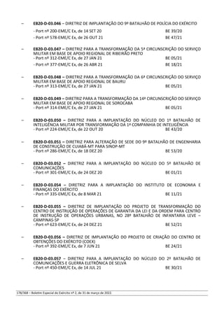 – EB20-D-03.046 – DIRETRIZ DE IMPLANTAÇÃO DO 9º BATALHÃO DE POLÍCIA DO EXÉRCITO
- Port nº 200-EME/C Ex, de 14 SET 20 BE 39/20
- Port nº 578-EME/C Ex, de 26 OUT 21 BE 47/21
– EB20-D-03.047 – DIRETRIZ PARA A TRANSFORMAÇÃO DA 5ª CIRCUNSCRIÇÃO DO SERVIÇO
MILITAR EM BASE DE APOIO REGIONAL DE RIBEIRÃO PRETO
- Port nº 312-EME/C Ex, de 27 JAN 21 BE 05/21
- Port nº 377-EME/C Ex, de 26 ABR 21 BE 18/21
– EB20-D-03.048 – DIRETRIZ PARA A TRANSFORMAÇÃO DA 6ª CIRCUNSCRIÇÃO DO SERVIÇO
MILITAR EM BASE DE APOIO REGIONAL DE BAURU
- Port nº 313-EME/C Ex, de 27 JAN 21 BE 05/21
– EB20-D-03.049 – DIRETRIZ PARA A TRANSFORMAÇÃO DA 14ª CIRCUNSCRIÇÃO DO SERVIÇO
MILITAR EM BASE DE APOIO REGIONAL DE SOROCABA
- Port nº 314-EME/C Ex, de 27 JAN 21 BE 05/21
– EB20-D-03.050 – DIRETRIZ PARA A IMPLANTAÇÃO DO NÚCLEO DO 1º BATALHÃO DE
INTELIGÊNCIA MILITAR POR TRANSFORMAÇÃO DA 1ª COMPANHIA DE INTELIGÊNCIA
- Port nº 224-EME/C Ex, de 22 OUT 20 BE 43/20
– EB20-D-03.051 – DIRETRIZ PARA ALTERAÇÃO DE SEDE DO 9º BATALHÃO DE ENGENHARIA
DE CONSTRUÇÃO DE CUIABÁ-MT PARA SINOP-MT
- Port nº 286-EME/C Ex, de 18 DEZ 20 BE 53/20
– EB20-D-03.052 – DIRETRIZ PARA A IMPLANTAÇÃO DO NÚCLEO DO 5º BATALHÃO DE
COMUNICAÇÕES
- Port nº 301-EME/C Ex, de 24 DEZ 20 BE 01/21
– EB20-D-03.054 – DIRETRIZ PARA A IMPLANTAÇÃO DO INSTITUTO DE ECONOMIA E
FINANÇAS DO EXÉRCITO
- Port nº 335-EME/C Ex, de 8 MAR 21 BE 11/21
– EB20-D-03.055 – DIRETRIZ DE IMPLANTAÇÃO DO PROJETO DE TRANSFORMAÇÃO DO
CENTRO DE INSTRUÇÃO DE OPERAÇÕES DE GARANTIA DA LEI E DA ORDEM PARA CENTRO
DE INSTRUÇÃO DE OPERAÇÕES URBANAS, NO 28º BATALHÃO DE INFANTARIA LEVE –
CAMPINAS-SP
- Port nº 623-EME/C Ex, de 24 DEZ 21 BE 52/21
– EB20-D-03.056 – DIRETRIZ DE IMPLANTAÇÃO DO PROJETO DE CRIAÇÃO DO CENTRO DE
OBTENÇÕES DO EXÉRCITO (COEX)
- Port nº 392-EME/C Ex, de 7 JUN 21 BE 24/21
– EB20-D-03.057 – DIRETRIZ PARA A IMPLANTAÇÃO DO NÚCLEO DO 2º BATALHÃO DE
COMUNICAÇÕES E GUERRA ELETRÔNICA DE SELVA
- Port nº 450-EME/C Ex, de 14 JUL 21 BE 30/21
178/368 – Boletim Especial do Exército nº 2, de 31 de março de 2022.
 