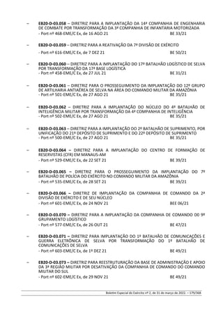 – EB20-D-03.058 – DIRETRIZ PARA A IMPLANTAÇÃO DA 14ª COMPANHIA DE ENGENHARIA
DE COMBATE POR TRANSFORMAÇÃO DA 3ª COMPANHIA DE INFANTARIA MOTORIZADA
- Port nº 468-EME/C Ex, de 16 AGO 21 BE 33/21
– EB20-D-03.059 – DIRETRIZ PARA A REATIVAÇÃO DA 7ª DIVISÃO DE EXÉRCITO
- Port nº 616-EME/C Ex, de 7 DEZ 21 BE 50/21
– EB20-D-03.060 – DIRETRIZ PARA A IMPLANTAÇÃO DO 17º BATALHÃO LOGÍSTICO DE SELVA
POR TRANSFORMAÇÃO DA 17ª BASE LOGÍSTICA
- Port nº 458-EME/C Ex, de 27 JUL 21 BE 31/21
– EB20-D-03.061 – DIRETRIZ PARA O PROSSEGUIMENTO DA IMPLANTAÇÃO DO 12º GRUPO
DE ARTILHARIA ANTIAÉREA DE SELVA NA ÁREA DO COMANDO MILITAR DA AMAZÔNIA
- Port nº 501-EME/C Ex, de 27 AGO 21 BE 35/21
– EB20-D-03.062 – DIRETRIZ PARA A IMPLANTAÇÃO DO NÚCLEO DO 4º BATALHÃO DE
INTELIGÊNCIA MILITAR POR TRANSFORMAÇÃO DA 4ª COMPANHIA DE INTELIGÊNCIA
- Port nº 502-EME/C Ex, de 27 AGO 21 BE 35/21
– EB20-D-03.063 – DIRETRIZ PARA A IMPLANTAÇÃO DO 2º BATALHÃO DE SUPRIMENTO, POR
UNIFICAÇÃO DO 21º DEPÓSITO DE SUPRIMENTO E DO 22º DEPÓSITO DE SUPRIMENTO
- Port nº 500-EME/C Ex, de 27 AGO 21 BE 35/21
– EB20-D-03.064 – DIRETRIZ PARA A IMPLANTAÇÃO DO CENTRO DE FORMAÇÃO DE
RESERVISTAS (CFR) EM MANAUS-AM
- Port nº 529-EME/C Ex, de 22 SET 21 BE 39/21
– EB20-D-03.065 – DIRETRIZ PARA O PROSSEGUIMENTO DA IMPLANTAÇÃO DO 7º
BATALHÃO DE POLÍCIA DO EXÉRCITO NO COMANDO MILITAR DA AMAZÔNIA
- Port nº 535-EME/C Ex, de 28 SET 21 BE 39/21
– EB20-D-03.066 – DIRETRIZ DE IMPLANTAÇÃO DA COMPANHIA DE COMANDO DA 2ª
DIVISÃO DE EXÉRCITO E DE SEU NÚCLEO
- Port nº 601-EME/C Ex, de 24 NOV 21 BEE 06/21
– EB20-D-03.070 – DIRETRIZ PARA A IMPLANTAÇÃO DA COMPANHIA DE COMANDO D0 9º
GRUPAMENTO LOGÍSTICO
- Port nº 577-EME/C Ex, de 26 OUT 21 BE 47/21
– EB20-D-03.071 – DIRETRIZ PARA IMPLANTAÇÃO DO 1º BATALHÃO DE COMUNICAÇÕES E
GUERRA ELETRÔNICA DE SELVA POR TRANSFORMAÇÃO DO 1º BATALHÃO DE
COMUNICAÇÕES DE SELVA
- Port nº 603-EME/C Ex, de 1º DEZ 21 BE 49/21
– EB20-D-03.073 – DIRETRIZ PARA REESTRUTURAÇÃO DA BASE DE ADMINISTRAÇÃO E APOIO
DA 3ª REGIÃO MILITAR POR DESATIVAÇÃO DA COMPANHIA DE COMANDO DO COMANDO
MILITAR DO SUL
- Port nº 602-EME/C Ex, de 29 NOV 21 BE 49/21
Boletim Especial do Exército nº 2, de 31 de março de 2022. – 179/368
 