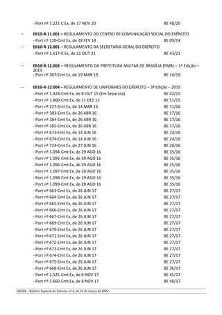 - Port nº 1.221-C Ex, de 17 NOV 20 BE 48/20
– EB10-R-11.001 – REGULAMENTO DO CENTRO DE COMUNICAÇÃO SOCIAL DO EXÉRCITO
- Port nº 110-Cmt Ex, de 18 FEV 14 BE 09/14
– EB10-R-12.001 – REGULAMENTO DA SECRETARIA-GERAL DO EXÉRCITO
- Port nº 1.617-C Ex, de 21 OUT 21 BE 43/21
– EB10-R-12.003 – REGULAMENTO DA PREFEITURA MILITAR DE BRASÍLIA (PMB) – 1ª Edição –
2019
- Port nº 367-Cmt Ex, de 19 MAR 19 BE 14/19
– EB10-R-12.004 – REGULAMENTO DE UNIFORMES DO EXÉRCITO – 3ª Edição – 2015
- Port nº 1.424-Cmt Ex, de 8 OUT 15 (Em Separata) BE 42/15
- Port nº 1.800-Cmt Ex, de 11 DEZ 15 BE 51/15
- Port nº 227-Cmt Ex, de 14 MAR 16 BE 11/16
- Port nº 383-Cmt Ex, de 26 ABR 16 BE 17/16
- Port nº 384-Cmt Ex, de 26 ABR 16 BE 17/16
- Port nº 385-Cmt Ex, de 26 ABR 16 BE 17/16
- Port nº 673-Cmt Ex, de 14 JUN 16 BE 24/16
- Port nº 674-Cmt Ex, de 14 JUN 16 BE 24/16
- Port nº 724-Cmt Ex, de 27 JUN 16 BE 26/16
- Port nº 1.094-Cmt Ex, de 29 AGO 16 BE 35/16
- Port nº 1.095-Cmt Ex, de 29 AGO 16 BE 35/16
- Port nº 1.096-Cmt Ex, de 29 AGO 16 BE 35/16
- Port nº 1.097-Cmt Ex, de 29 AGO 16 BE 35/16
- Port nº 1.098-Cmt Ex, de 29 AGO 16 BE 35/16
- Port nº 1.099-Cmt Ex, de 29 AGO 16 BE 35/16
- Port nº 663-Cmt Ex, de 26 JUN 17 BE 27/17
- Port nº 664-Cmt Ex, de 26 JUN 17 BE 27/17
- Port nº 665-Cmt Ex, de 26 JUN 17 BE 27/17
- Port nº 666-Cmt Ex, de 26 JUN 17 BE 27/17
- Port nº 667-Cmt Ex, de 26 JUN 17 BE 27/17
- Port nº 669-Cmt Ex, de 26 JUN 17 BE 27/17
- Port nº 670-Cmt Ex, de 26 JUN 17 BE 27/17
- Port nº 671-Cmt Ex, de 26 JUN 17 BE 27/17
- Port nº 672-Cmt Ex, de 26 JUN 17 BE 27/17
- Port nº 673-Cmt Ex, de 26 JUN 17 BE 27/17
- Port nº 674-Cmt Ex, de 26 JUN 17 BE 27/17
- Port nº 675-Cmt Ex, de 26 JUN 17 BE 27/17
- Port nº 668-Cmt Ex, de 26 JUN 17 BE 36/17
- Port nº 1.525-Cmt Ex, de 6 NOV 17 BE 45/17
- Port nº 1.660-Cmt Ex, de 8 NOV 17 BE 48/17
18/368 – Boletim Especial do Exército nº 2, de 31 de março de 2022.
 