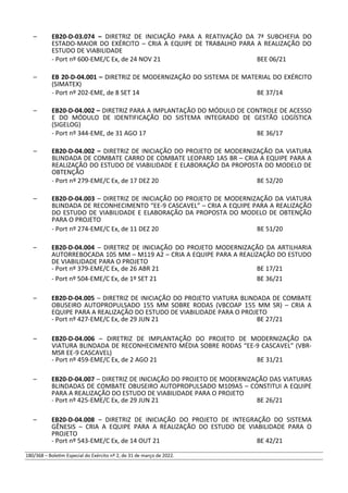 – EB20-D-03.074 – DIRETRIZ DE INICIAÇÃO PARA A REATIVAÇÃO DA 7ª SUBCHEFIA DO
ESTADO-MAIOR DO EXÉRCITO – CRIA A EQUIPE DE TRABALHO PARA A REALIZAÇÃO DO
ESTUDO DE VIABILIDADE
- Port nº 600-EME/C Ex, de 24 NOV 21 BEE 06/21
– EB 20-D-04.001 – DIRETRIZ DE MODERNIZAÇÃO DO SISTEMA DE MATERIAL DO EXÉRCITO
(SIMATEX)
- Port nº 202-EME, de 8 SET 14 BE 37/14
– EB20-D-04.002 – DIRETRIZ PARA A IMPLANTAÇÃO DO MÓDULO DE CONTROLE DE ACESSO
E DO MÓDULO DE IDENTIFICAÇÃO DO SISTEMA INTEGRADO DE GESTÃO LOGÍSTICA
(SIGELOG)
- Port nº 344-EME, de 31 AGO 17 BE 36/17
– EB20-D-04.002 – DIRETRIZ DE INICIAÇÃO DO PROJETO DE MODERNIZAÇÃO DA VIATURA
BLINDADA DE COMBATE CARRO DE COMBATE LEOPARD 1A5 BR – CRIA A EQUIPE PARA A
REALIZAÇÃO DO ESTUDO DE VIABILIDADE E ELABORAÇÃO DA PROPOSTA DO MODELO DE
OBTENÇÃO
- Port nº 279-EME/C Ex, de 17 DEZ 20 BE 52/20
– EB20-D-04.003 – DIRETRIZ DE INICIAÇÃO DO PROJETO DE MODERNIZAÇÃO DA VIATURA
BLINDADA DE RECONHECIMENTO “EE-9 CASCAVEL” – CRIA A EQUIPE PARA A REALIZAÇÃO
DO ESTUDO DE VIABILIDADE E ELABORAÇÃO DA PROPOSTA DO MODELO DE OBTENÇÃO
PARA O PROJETO
- Port nº 274-EME/C Ex, de 11 DEZ 20 BE 51/20
– EB20-D-04.004 – DIRETRIZ DE INICIAÇÃO DO PROJETO MODERNIZAÇÃO DA ARTILHARIA
AUTORREBOCADA 105 MM – M119 A2 – CRIA A EQUIPE PARA A REALIZAÇÃO DO ESTUDO
DE VIABILIDADE PARA O PROJETO
- Port nº 379-EME/C Ex, de 26 ABR 21 BE 17/21
- Port nº 504-EME/C Ex, de 1º SET 21 BE 36/21
– EB20-D-04.005 – DIRETRIZ DE INICIAÇÃO DO PROJETO VIATURA BLINDADA DE COMBATE
OBUSEIRO AUTOPROPULSADO 155 MM SOBRE RODAS (VBCOAP 155 MM SR) – CRIA A
EQUIPE PARA A REALIZAÇÃO DO ESTUDO DE VIABILIDADE PARA O PROJETO
- Port nº 427-EME/C Ex, de 29 JUN 21 BE 27/21
– EB20-D-04.006 – DIRETRIZ DE IMPLANTAÇÃO DO PROJETO DE MODERNIZAÇÃO DA
VIATURA BLINDADA DE RECONHECIMENTO MÉDIA SOBRE RODAS “EE-9 CASCAVEL” (VBR-
MSR EE-9 CASCAVEL)
- Port nº 459-EME/C Ex, de 2 AGO 21 BE 31/21
– EB20-D-04.007 – DIRETRIZ DE INICIAÇÃO DO PROJETO DE MODERNIZAÇÃO DAS VIATURAS
BLINDADAS DE COMBATE OBUSEIRO AUTOPROPULSADO M109A5 – CONSTITUI A EQUIPE
PARA A REALIZAÇÃO DO ESTUDO DE VIABILIDADE PARA O PROJETO
- Port nº 425-EME/C Ex, de 29 JUN 21 BE 26/21
– EB20-D-04.008 – DIRETRIZ DE INICIAÇÃO DO PROJETO DE INTEGRAÇÃO DO SISTEMA
GÊNESIS – CRIA A EQUIPE PARA A REALIZAÇÃO DO ESTUDO DE VIABILIDADE PARA O
PROJETO
- Port nº 543-EME/C Ex, de 14 OUT 21 BE 42/21
180/368 – Boletim Especial do Exército nº 2, de 31 de março de 2022.
 