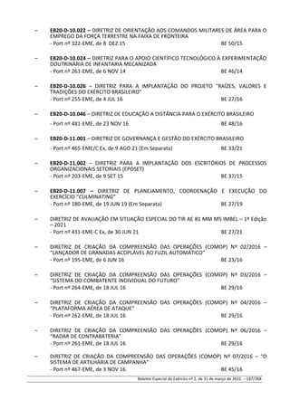 – EB20-D-10.022 – DIRETRIZ DE ORIENTAÇÃO AOS COMANDOS MILITARES DE ÁREA PARA O
EMPREGO DA FORÇA TERRESTRE NA FAIXA DE FRONTEIRA
- Port nº 322-EME, de 8 DEZ 15 BE 50/15
– EB20-D-10.024 – DIRETRIZ PARA O APOIO CIENTÍFICO TECNOLÓGICO À EXPERIMENTAÇÃO
DOUTRINÁRIA DE INFANTARIA MECANIZADA
- Port nº 261-EME, de 6 NOV 14 BE 46/14
– EB20-D-10.026 – DIRETRIZ PARA A IMPLANTAÇÃO DO PROJETO "RAÍZES, VALORES E
TRADIÇÕES DO EXÉRCITO BRASILEIRO"
- Port nº 255-EME, de 4 JUL 16 BE 27/16
– EB20-D-10.046 – DIRETRIZ DE EDUCAÇÃO A DISTÂNCIA PARA O EXÉRCITO BRASILEIRO
- Port nº 481-EME, de 23 NOV 16 BE 48/16
– EB20-D-11.001 – DIRETRIZ DE GOVERNANÇA E GESTÃO DO EXÉRCITO BRASILEIRO
- Port nº 465-EME/C Ex, de 9 AGO 21 (Em Separata) BE 33/21
– EB20-D-11.002 – DIRETRIZ PARA A IMPLANTAÇÃO DOS ESCRITÓRIOS DE PROCESSOS
ORGANIZACIONAIS SETORIAIS (EPOSET)
- Port nº 203-EME, de 9 SET 15 BE 37/15
– EB20-D-11.007 – DIRETRIZ DE PLANEJAMENTO, COORDENAÇÃO E EXECUÇÃO DO
EXERCÍCIO “CULMINATING”
- Port nº 180-EME, de 19 JUN 19 (Em Separata) BE 27/19
– DIRETRIZ DE AVALIAÇÃO EM SITUAÇÃO ESPECIAL DO TIR AE 81 MM M5 IMBEL – 1ª Edição
– 2021
- Port nº 431-EME-C Ex, de 30 JUN 21 BE 27/21
– DIRETRIZ DE CRIAÇÃO DA COMPREENSÃO DAS OPERAÇÕES (COMOP) Nº 02/2016 –
“LANÇADOR DE GRANADAS ACOPLÁVEL AO FUZIL AUTOMÁTICO”
- Port nº 195-EME, de 6 JUN 16 BE 23/16
– DIRETRIZ DE CRIAÇÃO DA COMPREENSÃO DAS OPERAÇÕES (COMOP) Nº 03/2016 –
“SISTEMA DO COMBATENTE INDIVIDUAL DO FUTURO”
- Port nº 264-EME, de 18 JUL 16 BE 29/16
– DIRETRIZ DE CRIAÇÃO DA COMPREENSÃO DAS OPERAÇÕES (COMOP) Nº 04/2016 –
“PLATAFORMA AÉREA DE ATAQUE”
- Port nº 262-EME, de 18 JUL 16 BE 29/16
– DIRETRIZ DE CRIAÇÃO DA COMPREENSÃO DAS OPERAÇÕES (COMOP) Nº 06/2016 –
“RADAR DE CONTRABATERIA”
- Port nº 261-EME, de 18 JUL 16 BE 29/16
– DIRETRIZ DE CRIAÇÃO DA COMPREENSÃO DAS OPERAÇÕES (COMOP) Nº 07/2016 – “O
SISTEMA DE ARTILHARIA DE CAMPANHA”
- Port nº 467-EME, de 3 NOV 16 BE 45/16
Boletim Especial do Exército nº 2, de 31 de março de 2022. – 187/368
 