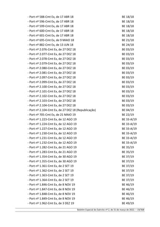 - Port nº 588-Cmt Ex, de 17 ABR 18 BE 18/18
- Port nº 596-Cmt Ex, de 17 ABR 18 BE 18/18
- Port nº 599-Cmt Ex, de 17 ABR 18 BE 18/18
- Port nº 600-Cmt Ex, de 17 ABR 18 BE 18/18
- Port nº 601-Cmt Ex, de 17 ABR 18 BE 18/18
- Port nº 695-Cmt Ex, de 9 MAIO 18 BE 21/18
- Port nº 882-Cmt Ex, de 13 JUN 18 BE 24/18
- Port nº 2.076-Cmt Ex, de 27 DEZ 18 BE 03/19
- Port nº 2.077-Cmt Ex, de 27 DEZ 18 BE 03/19
- Port nº 2.078-Cmt Ex, de 27 DEZ 18 BE 03/19
- Port nº 2.079-Cmt Ex, de 27 DEZ 18 BE 03/19
- Port nº 2.080-Cmt Ex, de 27 DEZ 18 BE 03/19
- Port nº 2.081-Cmt Ex, de 27 DEZ 18 BE 03/19
- Port nº 2.097-Cmt Ex, de 27 DEZ 18 BE 03/19
- Port nº 2.099-Cmt Ex, de 27 DEZ 18 BE 03/19
- Port nº 2.100-Cmt Ex, de 27 DEZ 18 BE 03/19
- Port nº 2.101-Cmt Ex, de 27 DEZ 18 BE 03/19
- Port nº 2.102-Cmt Ex, de 27 DEZ 18 BE 03/19
- Port nº 2.103-Cmt Ex, de 27 DEZ 18 BE 03/19
- Port nº 2.104-Cmt Ex, de 27 DEZ 18 BE 03/19
- Port nº 2.104-Cmt Ex, de 27 DEZ 18 (Republicação) BE 04/19
- Port nº 705-Cmt Ex, de 21 MAIO 19 BE 22/19
- Port nº 1.223-Cmt Ex, de 12 AGO 19 BE 33-A/19
- Port nº 1.224-Cmt Ex, de 12 AGO 19 BE 33-A/19
- Port nº 1.227-Cmt Ex, de 12 AGO 19 BE 33-A/19
- Port nº 1.230-Cmt Ex, de 12 AGO 19 BE 33-A/19
- Port nº 1.231-Cmt Ex, de 12 AGO 19 BE 33-A/19
- Port nº 1.232-Cmt Ex, de 12 AGO 19 BE 33-A/19
- Port nº 1.282-Cmt Ex, de 21 AGO 19 BE 35/19
- Port nº 1.283-Cmt Ex, de 21 AGO 19 BE 35/19
- Port nº 1.354-Cmt Ex, de 30 AGO 19 BE 37/19
- Port nº 1.355-Cmt Ex, de 30 AGO 19 BE 37/19
- Port nº 1.361-Cmt Ex, de 2 SET 19 BE 37/19
- Port nº 1.362-Cmt Ex, de 2 SET 19 BE 37/19
- Port nº 1.363-Cmt Ex, de 2 SET 19 BE 37/19
- Port nº 1.364-Cmt Ex, de 2 SET 19 BE 37/19
- Port nº 1.846-Cmt Ex, de 8 NOV 19 BE 46/19
- Port nº 1.847-Cmt Ex, de 8 NOV 19 BE 46/19
- Port nº 1.848-Cmt Ex, de 8 NOV 19 BE 46/19
- Port nº 1.849-Cmt Ex, de 8 NOV 19 BE 46/19
- Port nº 1.962-Cmt Ex, de 3 DEZ 19 BE 49/19
Boletim Especial do Exército nº 2, de 31 de março de 2022. – 19/368
 