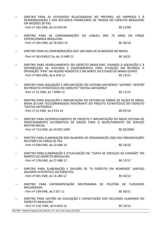 – DIRETRIZ PARA AS ATIVIDADES RELACIONADAS AO PREPARO, AO EMPREGO E À
DESMOBILIZAÇÃO E AOS RECURSOS FINANCEIROS DE TROPAS DO EXÉRCITO BRASILEIRO
EM MISSÕES DE PAZ
- Port nº 182-EME, de 23 DEZ 09 BE 52/09
– DIRETRIZ PARA AS COMEMORAÇÕES DO JUBILEU DOS 75 ANOS DA FORÇA
EXPEDICIONÁRIA BRASILEIRA
- Port nº 266-EME, de 26 AGO 19 BE 36/19
– DIRETRIZ PARA AS COMEMORAÇÕES DOS 100 ANOS DE BLINDADOS NO BRASIL
- Port nº 363-EME/C Ex, de 13 ABR 21 BE 16/21
– DIRETRIZ PARA APARELHAMENTO DO EXÉRCITO BRASILEIRO, VISANDO À AQUISIÇÃO E À
DISTRIBUIÇÃO DE VIATURAS E EQUIPAMENTOS PARA ATUAÇÃO EM REFORÇO À
OPERAÇÃO “PIPA” NA REGIÃO NORDESTE E NO NORTE DO ESTADO DE MINAS GERAIS
- Port nº 083-EME, de 6 JUN 12 BE 23/12
– DIRETRIZ PARA AQUISIÇÃO E IMPLANTAÇÃO DO SISTEMA ANTIAÉREO “GEPARD” DENTRO
DO PROJETO ESTRATÉGICO DO EXÉRCITO “DEFESA ANTIAÉREA”
- Port nº 31-EME, de 7 MAR 13 BE 11/13
– DIRETRIZ PARA AQUISIÇÃO E IMPLANTAÇÃO DO SISTEMA DE ARMAS DE SEÇÃO DE MÍSSIL
BAIXA ALTURA TELECOMANDADO INTEGRANTE DO PROJETO ESTRATÉGICO DO EXÉRCITO
“DEFESA ANTIAÉREA”
- Port nº 21-EME, de 6 FEV 14 BE 07/14
– DIRETRIZ PARA DESENVOLVIMENTO DE PROJETO E IMPLANTAÇÃO DO NOVO SISTEMA DE
PROCESSAMENTO AUTOMÁTICO DE DADOS PARA O RECRUTAMENTO DO SERVIÇO
MILITAR INICIAL
- Port nº 713-EME, de 29 DEZ 1999 BE 02/2000
– DIRETRIZ PARA ELABORAÇÃO DOS QUADROS DE ORGANIZAÇÃO (QO) DAS ORGANIZAÇÕES
MILITARES DE FORÇA DE PAZ
- Port nº 038-EME, de 13 ABR 10 BE 16/10
– DIRETRIZ PARA ELABORAÇÃO E ATUALIZAÇÃO DA “CARTA DE SERVIÇOS AO CIDADÃO” NO
ÂMBITO DO EXÉRCITO BRASILEIRO
- Port nº 178-EME, de 27 ABR 17 BE 17/17
– DIRETRIZ PARA ELABORAÇÃO E DIFUSÃO DE “O EXÉRCITO EM NÚMEROS” (ANTIGO
ANUÁRIO ESTATÍSTICO DO EXÉRCITO)
- Port nº 001-EME, de 16 JAN 12 BE 03/12
– DIRETRIZ PARA EXPERIMENTAÇÃO DOUTRINÁRIA DE PELOTÃO DE FUZILEIROS
MECANIZADO
- Port nº 109-EME, de 2 SET 11 BE 36/11
– DIRETRIZ PARA GESTÃO DA EDUCAÇÃO E CAPACITAÇÃO DOS RECURSOS HUMANOS DO
EXÉRCITO BRASILEIRO
- Port nº 118 -EME, de 6 AGO 12 BE 32/12
192/368 – Boletim Especial do Exército nº 2, de 31 de março de 2022.
 