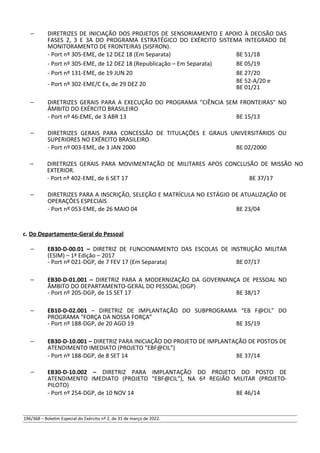 – DIRETRIZES DE INICIAÇÃO DOS PROJETOS DE SENSORIAMENTO E APOIO À DECISÃO DAS
FASES 2, 3 E 3A DO PROGRAMA ESTRATÉGICO DO EXÉRCITO SISTEMA INTEGRADO DE
MONITORAMENTO DE FRONTEIRAS (SISFRON).
- Port nº 305-EME, de 12 DEZ 18 (Em Separata) BE 51/18
- Port nº 305-EME, de 12 DEZ 18 (Republicação – Em Separata) BE 05/19
- Port nº 131-EME, de 19 JUN 20 BE 27/20
- Port nº 302-EME/C Ex, de 29 DEZ 20
BE 52-A/20 e
BE 01/21
– DIRETRIZES GERAIS PARA A EXECUÇÃO DO PROGRAMA "CIÊNCIA SEM FRONTEIRAS" NO
ÂMBITO DO EXÉRCITO BRASILEIRO
- Port nº 46-EME, de 3 ABR 13 BE 15/13
– DIRETRIZES GERAIS PARA CONCESSÃO DE TITULAÇÕES E GRAUS UNIVERSITÁRIOS OU
SUPERIORES NO EXÉRCITO BRASILEIRO
- Port nº 003-EME, de 3 JAN 2000 BE 02/2000
– DIRETRIZES GERAIS PARA MOVIMENTAÇÃO DE MILITARES APOS CONCLUSÃO DE MISSÃO NO
EXTERIOR.
- Port nº 402-EME, de 6 SET 17 BE 37/17
– DIRETRIZES PARA A INSCRIÇÃO, SELEÇÃO E MATRÍCULA NO ESTÁGIO DE ATUALIZAÇÃO DE
OPERAÇÕES ESPECIAIS
- Port nº 053-EME, de 26 MAIO 04 BE 23/04
c. Do Departamento-Geral do Pessoal
– EB30-D-00.01 – DIRETRIZ DE FUNCIONAMENTO DAS ESCOLAS DE INSTRUÇÃO MILITAR
(ESIM) – 1ª Edição – 2017
- Port nº 021-DGP, de 7 FEV 17 (Em Separata) BE 07/17
– EB30-D-01.001 – DIRETRIZ PARA A MODERNIZAÇÃO DA GOVERNANÇA DE PESSOAL NO
ÂMBITO DO DEPARTAMENTO-GERAL DO PESSOAL (DGP)
- Port nº 205-DGP, de 15 SET 17 BE 38/17
– EB10-D-02.001 – DIRETRIZ DE IMPLANTAÇÃO DO SUBPROGRAMA “EB F@CIL” DO
PROGRAMA “FORÇA DA NOSSA FORÇA”
- Port nº 188-DGP, de 20 AGO 19 BE 35/19
– EB30-D-10.001 – DIRETRIZ PARA INICIAÇÃO DO PROJETO DE IMPLANTAÇÃO DE POSTOS DE
ATENDIMENTO IMEDIATO (PROJETO "EBF@CIL")
- Port nº 188-DGP, de 8 SET 14 BE 37/14
– EB30-D-10.002 – DIRETRIZ PARA IMPLANTAÇÃO DO PROJETO DO POSTO DE
ATENDIMENTO IMEDIATO (PROJETO "EBF@CIL"), NA 6ª REGIÃO MILITAR (PROJETO-
PILOTO)
- Port nº 254-DGP, de 10 NOV 14 BE 46/14
196/368 – Boletim Especial do Exército nº 2, de 31 de março de 2022.
 
