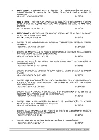 – EB10-D-50.001 – DIRETRIZ PARA O PROJETO DE TRANSFORMAÇÃO DO CENTRO
GERONTOLÓGICO DE AMARALINA EM CENTRO DE APOIO À FAMÍLIA MILITAR DE
AMARALINA
- Port nº 319-DGP, de 20 DEZ 19 BE 52/19
– EB30-D-60.001 – DIRETRIZ PARA AVALIAÇÃO DO DESEMPENHO DO ASPIRANTE-A-OFICIAL
DO ESTÁGIO DE INSTRUÇÃO E ADAPTAÇÃO PARA CAPELÃES MILITARES, NO ÂMBITO DO
EXÉRCITO
Port nº 184-DGP, de 31 AGO 15 BE 36/15
– EB30-D-60.002 – DIRETRIZ PARA AVALIAÇÃO DO DESEMPENHO DE MILITARES NO CARGO
DE INSTRUTOR DE TIRO-DE-GUERRA
Port nº 52-DGP, de 6 MAR 18 BE 11/18
– DIRETRIZ DE IMPLANTAÇÃO DO PROJETO SISTEMA CORPORATIVO DE GESTÃO DE PESSOAL
DO EXÉRCITO.
- Port nº 015-DGP, de 5 ABR 1999 BE 14/1999
– DIRETRIZ DE IMPLANTAÇÃO DO PROJETO DE CONSTRUÇÃO DAS NOVAS INSTALAÇÕES DO
HOSPITAL MILITAR DE ÁREA DE BRASÍLIA (HMAB)
- Port nº 289-DGP/C Ex, de 23 NOV 21 BE 48/21
– DIRETRIZ DE INICIAÇÃO DO PROJETO DO NOVO POSTO MÉDICO DE GUARNIÇÃO DE
DOURADOS (PMGUD)
- Port nº 263-DGP/C Ex, de 4 NOV 21 BE 46/21
– DIRETRIZ DE INICIAÇÃO DO PROJETO NOVO HOSPITAL MILITAR DE ÁREA DE BRASÍLIA
(HMAB)
- Port nº 099-DGP/C Ex, de 23 ABR 21 BE 18/21
– DIRETRIZ PARA A COORDENAÇÃO E GERÊNCIA DOS PROJETOS DE DESCRIÇÃO DOS CARGOS
E ATRIBUIÇÕES E DE APERFEIÇOAMENTO DO SISTEMA DE AVALIAÇÃO DO PESSOAL
MILITAR DO EXÉRCITO
- Port nº 015-DGP, de 5 ABR 1999 BE 14/1999
– DIRETRIZ PARA A CRIAÇÃO, A ORGANIZAÇÃO E O FUNCIONAMENTO DO CENTRO DE
PESQUISAS DO SERVIÇO DE SAÚDE DO EXÉRCITO (CPSSEX)
- Port nº 064-DGP, de 5 MAIO 11 BE 19/11
– DIRETRIZ PARA A IMPLANTAÇÃO DO PROJETO DE MODERNIZAÇÃO DO SISTEMA
ELETRÔNICO DE RECRUTAMENTO MILITAR (SERMIL)
- Port nº 186-DGP/DSM, de 2 SET 15 BE 38/15
– DIRETRIZ PARA IMPLANTAÇÃO DO PROJETO DO POSTO DE ATENDIMENTO IMEDIATO
(PROJETO "EBF@CIL") NA 11ª REGIÃO MILITAR
- Port nº 129-DGP, de 6 JUL 16 BE 29/16
– DIRETRIZ PARA IMPLANTAÇÃO DO PROJETO “GESTÃO POR COMPETÊNCIAS”
- Port nº 255-DGP, de 23 OUT 17 BE 48/17
Boletim Especial do Exército nº 2, de 31 de março de 2022. – 197/368
 