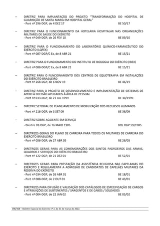 – DIRETRIZ PARA IMPLANTAÇÃO DO PROJETO “TRANSFORMAÇÃO DO HOSPITAL DE
GUARNIÇÃO DE SANTA MARIA EM HOSPITAL GERAL”
- Port nº 296-DGP, de 4 DEZ 17 BE 50/17
– DIRETRIZ PARA O FUNCIONAMENTO DA HOTELARIA HOSPITALAR NAS ORGANIZAÇÕES
MILITARES DE SAÚDE DO EXÉRCITO
- Port nº 049-DGP, de 26 FEV 10 BE 09/10
– DIRETRIZ PARA O FUNCIONAMENTO DO LABORATÓRIO QUÍMICO-FARMACÊUTICO DO
EXÉRCITO (LQFEX)
- Port nº 087-DGP/C Ex, de 8 ABR 21 BE 15/21
– DIRETRIZ PARA O FUNCIONAMENTO DO INSTITUTO DE BIOLOGIA DO EXÉRCITO (IBEX)
- Port nº 088-DGP/C Ex, de 8 ABR 21 BE 15/21
– DIRETRIZ PARA O FUNCIONAMENTO DOS CENTROS DE EQUOTERAPIA EM INSTALAÇÕES
DO EXÉRCITO BRASILEIRO
- Port nº 268-DGP, de 6 NOV 19 BE 46/19
– DIRETRIZ PARA O PROJETO DE DESENVOLVIMENTO E IMPLEMENTAÇÃO DE SISTEMAS DE
APOIO À DECISÃO APLICADOS À ÁREA DE PESSOAL
- Port nº 033-DGP, de 21 JUL 1999 BE 30/1999
– DIRETRIZ SETORIAL DE PLANEJAMENTO DE MOBILIZAÇÃO DOS RECURSOS HUMANOS
- Port nº 216-DGP, de 3 SET 09 BE 36/09
– DIRETRIZ SOBRE ACIDENTE EM SERVIÇO
- Diretriz 02-DGP, de 16 MAIO 1985 BOL DGP 59/1985
– DIRETRIZES GERAIS DO PLANO DE CARREIRA PARA TODOS OS MILITARES DE CARREIRA DO
EXÉRCITO BRASILEIRO
- Port nº 056-DGP, de 27 ABR 05 BE 26/05
– DIRETRIZES GERAIS PARA AS COMEMORAÇÕES DOS SANTOS PADROEIROS DAS ARMAS,
QUADROS E SERVIÇOS DO EXÉRCITO BRASILEIRO
- Port nº 122-DGP, de 21 DEZ 01 BE 52/01
– DIRETRIZES GERAIS PARA PRESTAÇÃO DA ASSISTÊNCIA RELIGIOSA NAS CAPELANIAS DO
EXÉRCITO E REGULAMENTA A ADMISSÃO DE CANDIDATOS DE CAPELÃES MILITARES DA
RESERVA DO EXÉRCITO
- Port nº 034-DGP, de 26 ABR 01 BE 18/01
- Port nº 088-DGP, de 2 OUT 01 BE 43/01
– DIRETRIZES PARA DIFUSÃO E VALIDAÇÃO DOS CATÁLOGOS DE ESPECIFICAÇÃO DE CARGOS
E ATRIBUIÇÕES DE SUBTENENTES / SARGENTOS E DE CABOS / SOLDADOS
- Port nº 004-DGP, de 22 JAN 02 BE 05/02
198/368 – Boletim Especial do Exército nº 2, de 31 de março de 2022.
 