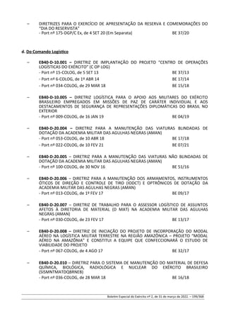 – DIRETRIZES PARA O EXERCÍCIO DE APRESENTAÇÃO DA RESERVA E COMEMORAÇÕES DO
“DIA DO RESERVISTA”
- Port nº 175-DGP/C Ex, de 4 SET 20 (Em Separata) BE 37/20
d. Do Comando Logístico
– EB40-D-10.001 – DIRETRIZ DE IMPLANTAÇÃO DO PROJETO “CENTRO DE OPERAÇÕES
LOGÍSTICAS DO EXÉRCITO” (C OP LOG)
- Port nº 15-COLOG, de 5 SET 13 BE 37/13
- Port nº 6-COLOG, de 1º ABR 14 BE 17/14
- Port nº 034-COLOG, de 29 MAR 18 BE 15/18
– EB40-D-10.005 – DIRETRIZ LOGÍSTICA PARA O APOIO AOS MILITARES DO EXÉRCITO
BRASILEIRO EMPREGADOS EM MISSÕES DE PAZ DE CARÁTER INDIVIDUAL E AOS
DESTACAMENTOS DE SEGURANÇA DE REPRESENTAÇÕES DIPLOMÁTICAS DO BRASIL NO
EXTERIOR
- Port nº 009-COLOG, de 16 JAN 19 BE 04/19
– EB40-D-20.004 – DIRETRIZ PARA A MANUTENÇÃO DAS VIATURAS BLINDADAS DE
DOTAÇÃO DA ACADEMIA MILITAR DAS AGULHAS NEGRAS (AMAN)
- Port nº 053-COLOG, de 10 ABR 18 BE 17/18
- Port nº 022-COLOG, de 10 FEV 21 BE 07/21
– EB40-D-20.005 – DIRETRIZ PARA A MANUTENÇÃO DAS VIATURAS NÃO BLINDADAS DE
DOTAÇÃO DA ACADEMIA MILITAR DAS AGULHAS NEGRAS (AMAN)
- Port nº 100-COLOG, de 30 NOV 16 BE 51/16
– EB40-D-20.006 – DIRETRIZ PARA A MANUTENÇÃO DOS ARMAMENTOS, INSTRUMENTOS
ÓTICOS DE DIREÇÃO E CONTROLE DE TIRO (IODCT) E OPTRÔNICOS DE DOTAÇÃO DA
ACADEMIA MILITAR DAS AGULHAS NEGRAS (AMAN)
- Port nº 013-COLOG, de 1º FEV 17 BE 09/17
– EB40-D-20.007 – DIRETRIZ DE TRABALHO PARA O ASSESSOR LOGÍSTICO DE ASSUNTOS
AFETOS À DIRETORIA DE MATERIAL (D MAT) NA ACADEMIA MILITAR DAS AGULHAS
NEGRAS (AMAN)
- Port nº 030-COLOG, de 23 FEV 17 BE 13/17
– EB40-D-20.008 – DIRETRIZ DE INICIAÇÃO DO PROJETO DE INCORPORAÇÃO DO MODAL
AÉREO NA LOGÍSTICA MILITAR TERRESTRE NA REGIÃO AMAZÔNICA – PROJETO “MODAL
AÉREO NA AMAZÔNIA” E CONSTITUI A EQUIPE QUE CONFECCIONARÁ O ESTUDO DE
VIABILIDADE DO PROJETO
- Port nº 067-COLOG, de 4 AGO 17 BE 32/17
– EB40-D-20.010 – DIRETRIZ PARA O SISTEMA DE MANUTENÇÃO DO MATERIAL DE DEFESA
QUÍMICA, BIOLÓGICA, RADIOLÓGICA E NUCLEAR DO EXÉRCITO BRASILEIRO
(SISMNTMATDQBRNEB)
- Port nº 036-COLOG, de 28 MAR 18 BE 16/18
Boletim Especial do Exército nº 2, de 31 de março de 2022. – 199/368
 
