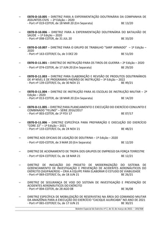 – EB70-D-10.005 – DIRETRIZ PARA A EXPERIMENTAÇÃO DOUTRINÁRIA DA COMPANHIA DE
ASSUNTOS CIVIS – 2ª Edição – 2020
- Port nº 019-COTER, de 18 MAR 20 (Em Separata) BE 13/20
– EB70-D-10.006 – DIRETRIZ PARA A EXPERIMENTAÇÃO DOUTRINÁRIA DO BATALHÃO DE
SAÚDE – 1ª Edição – 2020
- Port nº 098-COTER, de 31 JUL 20 BE 33/20
– EB70-D-10.007 – DIRETRIZ PARA O GRUPO DE TRABALHO “SARP ARMADO” – 1ª Edição –
2020
- Port nº 163-COTER/C Ex, de 3 DEZ 20 BE 51/20
– EB70-D-11.001 – DIRETRIZ DE INSTRUÇÃO PARA OS TIROS-DE-GUERRA – 2ª Edição – 2020
- Port nº 074-COTER, de 17 JUN 20 (Em Separata) BE 29/20
– EB70-D-11.003 – DIRETRIZ PARA ELABORAÇÃO E REVISÃO DE PRODUTOS DOUTRINÁRIOS
DE 4º NÍVEL E DE PROGRAMAS-PADRÃO DE INSTRUÇÃO – 3ª Edição – 2022
- Port nº 139-COTER/C Ex, de 30 NOV 21 BE 49/21
– EB70-D-11.004 – DIRETRIZ DE INSTRUÇÃO PARA AS ESCOLAS DE INSTRUÇÃO MILITAR – 2ª
Edição – 2020
- Port nº 013-COTER, de 18 MAR 20 (Em Separata) BE 14/20
– EB70-D-11.005 – DIRETRIZ PARA PLANEJAMENTO E EXECUÇÃO DO EXERCÍCIO CONJUNTO E
COMBINADO “FELINO” – SÉRIE 2016/2017
- Port nº 003-COTER, de 1º FEV 17 BE 07/17
– EB70-D-11.006 – DIRETRIZ ESPECÍFICA PARA PREPARAÇÃO E EXECUÇÃO DO EXERCÍCIO
“CORE 22” – 1ª Edição – 2021
- Port nº 133-COTER/C Ex, de 24 NOV 21 BE 48/21
– DIRETRIZ AOS OFICIAIS DE LIGAÇÃO DE DOUTRINA – 1ª Edição – 2020
- Port nº 020-COTER, de 3 MAR 20 (Em Separata) BE 12/20
– DIRETRIZ DE ACIONAMENTO DE TROPA DOS GRUPOS DE EMPREGO DA FORÇA TERRESTRE
- Port nº 024-COTER/C Ex, de 18 MAR 21 BE 12/21
– DIRETRIZ DE INICIAÇÃO DO PROJETO DE MODERNIZAÇÃO DO SISTEMA DE
GERENCIAMENTO DE INVESTIGAÇÃO E PREVENÇÃO DE ACIDENTES AERONÁUTICOS DO
EXÉRCITO (SIGIPAAEREX) – CRIA A EQUIPE PARA ELABORAR O ESTUDO DE VIABILIDADE
- Port nº 069-COTER/C Ex, de 18 JUN 21 BE 26/21
– DIRETRIZ DE SEGURANÇA DE VOO DO SISTEMA DE INVESTIGAÇÃO E PREVENÇÃO DE
ACIDENTES AERONÁUTICOS DO EXÉRCITO
- Port nº 004-COTER, de 28 AGO 08 BE 36/08
– DIRETRIZ ESPECÍFICA DE MOBILIZAÇÃO DE RESERVISTAS NA ÁREA DO COMANDO MILITAR
DA AMAZÔNIA PARA A EXECUÇÃO DO EXERCÍCIO “CACIQUE AJURICABA” NO ANO DE 2021
- Port nº 065-COTER/C Ex, de 17 JUN 21 BE 30/21
Boletim Especial do Exército nº 2, de 31 de março de 2022. – 203/368
 