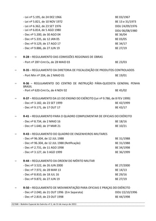 - Lei nº 5.195, de 24 DEZ 1966 BE 03/1967
- Lei nº 5.821, de 10 NOV 1972 BE 13 e 31/1973
- Lei nº 6.362, de 23 SET 1976 DOU 24/09/1976
- Lei nº 6.814, de 5 AGO 1980 DOU 06/08/1980
- Dec nº 5.200, de 30 AGO 04 BE 36/04
- Dec nº 5.335, de 12 JAN 05 BE 03/05
- Dec nº 9.129, de 17 AGO 17 BE 34/17
- Dec nº 9.886, de 27 JUN 19 BE 27/19
– R-28 – REGULAMENTO DAS COMISSÕES REGIONAIS DE OBRAS
- Port nº 287-Cmt Ex, de 28 MAIO 03 BE 23/03
– R-35 – REGULAMENTO DA DIRETORIA DE FISCALIZAÇÃO DE PRODUTOS CONTROLADOS
- Port Min nº 204, de 2 MAIO 01 BE 19/01
– R-36 – REGULAMENTO DO CENTRO DE INSTRUÇÃO PÁRA-QUEDISTA GENERAL PENHA
BRASIL
- Port nº 620-Cmt Ex, de 4 NOV 02 BE 45/02
– R-37 – REGULAMENTO DA LEI DO ENSINO DO EXÉRCITO (Lei nº 9.786, de 8 FEV 1999)
- Dec nº 3.182, de 23 SET 1999 BE 42/1999
- Dec nº 9.171, de 17 OUT 17 BE 43/17
– R-41 – REGULAMENTO PARA O QUADRO COMPLEMENTAR DE OFICIAIS DO EXÉRCITO
- Dec nº 8.734, de 2 MAIO 16 BE 18/16
- Dec nº 1.640, de 1º MAR 21 BE 10/21
– R-43 – REGULAMENTO DO QUADRO DE ENGENHEIROS MILITARES
- Dec nº 96.304, de 12 JUL 1988 BE 31/1988
- Dec nº 96.304, de 12 JUL 1988 (Retificação) BE 31/1988
- Dec nº 2.731, de 11 AGO 1998 BE 34/1998
- Dec nº 3.127, de 3 AGO 1999 BE 36/1999
– R-44 – REGULAMENTO DA ORDEM DO MÉRITO MILITAR
- Dec nº 3.522, de 26 JUN 2000 BE 27/2000
- Dec nº 7.972, de 28 MAR 13 BE 14/13
- Dec nº 8.810, de 18 JUL 16 BE 29/16
- Dec nº 9.872, de 27 JUN 19 BE 27/19
– R-50 – REGULAMENTO DE MOVIMENTAÇÃO PARA OFICIAIS E PRAÇAS DO EXÉRCITO
- Dec nº 2.040, de 21 OUT 1996 (Em Separata) DOU 22/10/1996
- Dec nº 2.819, de 23 OUT 1998 BE 44/1998
22/368 – Boletim Especial do Exército nº 2, de 31 de março de 2022.
 