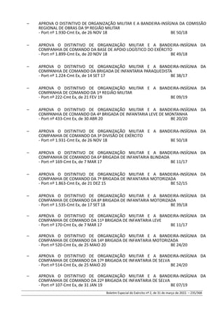 – APROVA O DISTINTIVO DE ORGANIZAÇÃO MILITAR E A BANDEIRA-INSÍGNIA DA COMISSÃO
REGIONAL DE OBRAS DA 9ª REGIÃO MILITAR
- Port nº 1.930-Cmt Ex, de 26 NOV 18 BE 50/18
– APROVA O DISTINTIVO DE ORGANIZAÇÃO MILITAR E A BANDEIRA-INSÍGNIA DA
COMPANHIA DE COMANDO DA BASE DE APOIO LOGÍSTICO DO EXÉRCITO
- Port nº 1.899-Cmt Ex, de 20 NOV 18 BE 49/18
– APROVA O DISTINTIVO DE ORGANIZAÇÃO MILITAR E A BANDEIRA-INSÍGNIA DA
COMPANHIA DE COMANDO DA BRIGADA DE INFANTARIA PARAQUEDISTA
- Port nº 1.224-Cmt Ex, de 14 SET 17 BE 38/17
– APROVA O DISTINTIVO DE ORGANIZAÇÃO MILITAR E A BANDEIRA-INSÍGNIA DA
COMPANHIA DE COMANDO DA 1ª REGIÃO MILITAR
- Port nº 222-Cmt Ex, de 21 FEV 19 BE 09/19
– APROVA O DISTINTIVO DE ORGANIZAÇÃO MILITAR E A BANDEIRA-INSÍGNIA DA
COMPANHIA DE COMANDO DA 4ª BRIGADA DE INFANTARIA LEVE DE MONTANHA
- Port nº 433-Cmt Ex, de 30 ABR 20 BE 20/20
– APROVA O DISTINTIVO DE ORGANIZAÇÃO MILITAR E A BANDEIRA-INSÍGNIA DA
COMPANHIA DE COMANDO DA 3ª DIVISÃO DE EXÉRCITO
- Port nº 1.931-Cmt Ex, de 26 NOV 18 BE 50/18
– APROVA O DISTINTIVO DE ORGANIZAÇÃO MILITAR E A BANDEIRA-INSÍGNIA DA
COMPANHIA DE COMANDO DA 6ª BRIGADA DE INFANTARIA BLINDADA
- Port nº 169-Cmt Ex, de 7 MAR 17 BE 11/17
– APROVA O DISTINTIVO DE ORGANIZAÇÃO MILITAR E A BANDEIRA-INSÍGNIA DA
COMPANHIA DE COMANDO DA 7ª BRIGADA DE INFANTARIA MOTORIZADA
- Port nº 1.863-Cmt Ex, de 21 DEZ 15 BE 52/15
– APROVA O DISTINTIVO DE ORGANIZAÇÃO MILITAR E A BANDEIRA-INSÍGNIA DA
COMPANHIA DE COMANDO DA 8ª BRIGADA DE INFANTARIA MOTORIZADA
- Port nº 1.535-Cmt Ex, de 17 SET 18 BE 39/18
– APROVA O DISTINTIVO DE ORGANIZAÇÃO MILITAR E A BANDEIRA-INSÍGNIA DA
COMPANHIA DE COMANDO DA 11ª BRIGADA DE INFANTARIA LEVE
- Port nº 170-Cmt Ex, de 7 MAR 17 BE 11/17
– APROVA O DISTINTIVO DE ORGANIZAÇÃO MILITAR E A BANDEIRA-INSÍGNIA DA
COMPANHIA DE COMANDO DA 14ª BRIGADA DE INFANTARIA MOTORIZADA
- Port nº 520-Cmt Ex, de 25 MAIO 20 BE 24/20
– APROVA O DISTINTIVO DE ORGANIZAÇÃO MILITAR E A BANDEIRA-INSÍGNIA DA
COMPANHIA DE COMANDO DA 17ª BRIGADA DE INFANTARIA DE SELVA
- Port nº 514-Cmt Ex, de 25 MAIO 20 BE 24/20
– APROVA O DISTINTIVO DE ORGANIZAÇÃO MILITAR E A BANDEIRA-INSÍGNIA DA
COMPANHIA DE COMANDO DA 22ª BRIGADA DE INFANTARIA DE SELVA
- Port nº 107-Cmt Ex, de 31 JAN 19 BE 07/19
Boletim Especial do Exército nº 2, de 31 de março de 2022. – 235/368
 