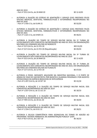 ANO DE 2019
- Port nº 351-Cmt Ex, de 26 MAR 20 BE 12-A/20
– AUTORIZA A DILAÇÃO DO ESTÁGIO DE ADAPTAÇÃO E SERVIÇO (EAS) PRESTADO PELOS
OFICIAIS MÉDICOS, DENTISTAS, FARMACÊUTICOS E VETERINÁRIOS INCORPORADOS NO
ANO DE 2020
- Port nº 1.456-C Ex, de 8 JAN 21 BE 02/20
– AUTORIZA A DILAÇÃO DO ESTÁGIO DE ADAPTAÇÃO E SERVIÇO (EAS) PRESTADO PELOS
OFICIAIS MÉDICOS, DENTISTAS, FARMACÊUTICOS E VETERINÁRIOS INCORPORADOS NO
ANO DE 2021
- Port nº 1.621-C Ex, de 8 NOV 21 BE 46/21
– AUTORIZA A DILAÇÃO DO TEMPO DE SERVIÇO MILITAR INICIAL DA 2ª TURMA DE
LICENCIAMENTO DOS CONSCRITOS INCORPORADOS NO ANO DE 2019, EM ORGANIZAÇÕES
MILITARES DO COMANDO MILITAR DO NORDESTE
- Port nº 217-Cmt Ex, de 21 FEV 20 BEE 01/20
- Port nº 217-Cmt Ex, de 21 FEV 20 (Republicação) BE 09/20
– AUTORIZA A DILAÇÃO DO TEMPO DE SERVIÇO MILITAR INICIAL DA 3ª TURMA DE
LICENCIAMENTO DOS CONSCRITOS INCORPORADOS NO ANO DE 2019
- Port nº 352-Cmt Ex, de 26 MAR 20 BE 12-A/20
– AUTORIZA A DILAÇÃO DO TEMPO DE SERVIÇO MILITAR INICIAL DA 3ª TURMA DE
LICENCIAMENTO DOS CONSCRITOS INCORPORADOS NO ANO DE 2019, EM ORGANIZAÇÕES
MILITARES DO COMANDO MILITAR DO PLANALTO
- Port nº 157-Cmt Ex, de 12 FEV 20 BE 07/20
– AUTORIZA A POSSE, MEDIANTE AQUISIÇÃO NA INDÚSTRIA NACIONAL, E O PORTE DE
ARMAS DE FOGO DE USO RESTRITO, POR AGENTES E GUARDAS PRISIONAIS E POR AGENTES
OPERACIONAIS DA AGÊNCIA BRASILEIRA DE INTELIGÊNCIA
- Port nº 1.497-Cmt Ex, de 14 SET 18 BE 41/18
– AUTORIZA A REDUÇÃO E A DILAÇÃO DO TEMPO DE SERVIÇO MILITAR INICIAL DOS
CONSCRITOS INCORPORADOS NO ANO DE 2019
- Port nº 1.037-Cmt Ex, de 11 JUL 19 BE 30/19
– AUTORIZA A REDUÇÃO E A DILAÇÃO DO TEMPO DE SERVIÇO MILITAR INICIAL DOS
CONSCRITOS INCORPORADOS NO ANO DE 2020
- Port nº 709-Cmt Ex, de 20 JUL 20 BE 30/20
– AUTORIZA A REDUÇÃO E A DILAÇÃO DO TEMPO DE SERVIÇO MILITAR INICIAL DOS
CONSCRITOS INCORPORADOS NO ANO DE 2021
- Port nº 1.554-C Ex, de 8 JUL 21 BE 28/21
– AUTORIZA E DELEGA COMPETÊNCIA PARA ASSINATURA DO TERMO DE ADESÃO AO
PROGRAMA “AGENDA AMBIENTAL NA ADMINISTRAÇÃO PÚBLICA” (A3P)
- Port nº 817-Cmt Ex, de 2 SET 10 BE 36/10
Boletim Especial do Exército nº 2, de 31 de março de 2022. – 245/368
 