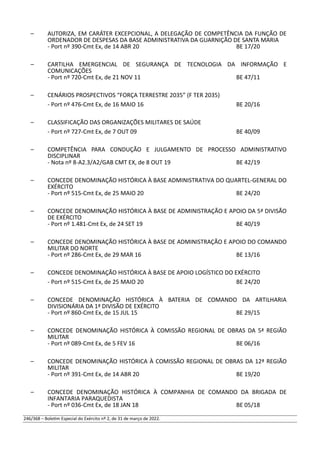 – AUTORIZA, EM CARÁTER EXCEPCIONAL, A DELEGAÇÃO DE COMPETÊNCIA DA FUNÇÃO DE
ORDENADOR DE DESPESAS DA BASE ADMINISTRATIVA DA GUARNIÇÃO DE SANTA MARIA
- Port nº 390-Cmt Ex, de 14 ABR 20 BE 17/20
– CARTILHA EMERGENCIAL DE SEGURANÇA DE TECNOLOGIA DA INFORMAÇÃO E
COMUNICAÇÕES
- Port nº 720-Cmt Ex, de 21 NOV 11 BE 47/11
– CENÁRIOS PROSPECTIVOS “FORÇA TERRESTRE 2035” (F TER 2035)
- Port nº 476-Cmt Ex, de 16 MAIO 16 BE 20/16
– CLASSIFICAÇÃO DAS ORGANIZAÇÕES MILITARES DE SAÚDE
- Port nº 727-Cmt Ex, de 7 OUT 09 BE 40/09
– COMPETÊNCIA PARA CONDUÇÃO E JULGAMENTO DE PROCESSO ADMINISTRATIVO
DISCIPLINAR
- Nota nº 8-A2.3/A2/GAB CMT EX, de 8 OUT 19 BE 42/19
– CONCEDE DENOMINAÇÃO HISTÓRICA À BASE ADMINISTRATIVA DO QUARTEL-GENERAL DO
EXÉRCITO
- Port nº 515-Cmt Ex, de 25 MAIO 20 BE 24/20
– CONCEDE DENOMINAÇÃO HISTÓRICA À BASE DE ADMINISTRAÇÃO E APOIO DA 5ª DIVISÃO
DE EXÉRCITO
- Port nº 1.481-Cmt Ex, de 24 SET 19 BE 40/19
– CONCEDE DENOMINAÇÃO HISTÓRICA À BASE DE ADMINISTRAÇÃO E APOIO DO COMANDO
MILITAR DO NORTE
- Port nº 286-Cmt Ex, de 29 MAR 16 BE 13/16
– CONCEDE DENOMINAÇÃO HISTÓRICA À BASE DE APOIO LOGÍSTICO DO EXÉRCITO
- Port nº 515-Cmt Ex, de 25 MAIO 20 BE 24/20
– CONCEDE DENOMINAÇÃO HISTÓRICA À BATERIA DE COMANDO DA ARTILHARIA
DIVISIONÁRIA DA 1ª DIVISÃO DE EXÉRCITO
- Port nº 860-Cmt Ex, de 15 JUL 15 BE 29/15
– CONCEDE DENOMINAÇÃO HISTÓRICA À COMISSÃO REGIONAL DE OBRAS DA 5ª REGIÃO
MILITAR
- Port nº 089-Cmt Ex, de 5 FEV 16 BE 06/16
– CONCEDE DENOMINAÇÃO HISTÓRICA À COMISSÃO REGIONAL DE OBRAS DA 12ª REGIÃO
MILITAR
- Port nº 391-Cmt Ex, de 14 ABR 20 BE 19/20
– CONCEDE DENOMINAÇÃO HISTÓRICA À COMPANHIA DE COMANDO DA BRIGADA DE
INFANTARIA PARAQUEDISTA
- Port nº 036-Cmt Ex, de 18 JAN 18 BE 05/18
246/368 – Boletim Especial do Exército nº 2, de 31 de março de 2022.
 