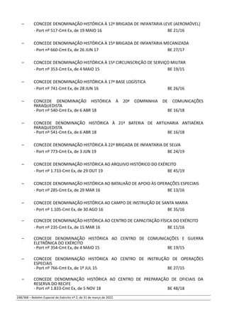 – CONCEDE DENOMINAÇÃO HISTÓRICA À 12ª BRIGADA DE INFANTARIA LEVE (AEROMÓVEL)
- Port nº 517-Cmt Ex, de 19 MAIO 16 BE 21/16
– CONCEDE DENOMINAÇÃO HISTÓRICA À 15ª BRIGADA DE INFANTARIA MECANIZADA
- Port nº 660-Cmt Ex, de 26 JUN 17 BE 27/17
– CONCEDE DENOMINAÇÃO HISTÓRICA À 15ª CIRCUNSCRIÇÃO DE SERVIÇO MILITAR
- Port nº 353-Cmt Ex, de 4 MAIO 15 BE 19/15
– CONCEDE DENOMINAÇÃO HISTÓRICA À 17ª BASE LOGÍSTICA
- Port nº 741-Cmt Ex, de 28 JUN 16 BE 26/16
– CONCEDE DENOMINAÇÃO HISTÓRICA À 20ª COMPANHIA DE COMUNICAÇÕES
PARAQUEDISTA
- Port nº 540-Cmt Ex, de 6 ABR 18 BE 16/18
– CONCEDE DENOMINAÇÃO HISTÓRICA À 21ª BATERIA DE ARTILHARIA ANTIAÉREA
PARAQUEDISTA
- Port nº 541-Cmt Ex, de 6 ABR 18 BE 16/18
– CONCEDE DENOMINAÇÃO HISTÓRICA À 22ª BRIGADA DE INFANTARIA DE SELVA
- Port nº 773-Cmt Ex, de 3 JUN 19 BE 24/19
– CONCEDE DENOMINAÇÃO HISTÓRICA AO ARQUIVO HISTÓRICO DO EXÉRCITO
- Port nº 1.733-Cmt Ex, de 29 OUT 19 BE 45/19
– CONCEDE DENOMINAÇÃO HISTÓRICA AO BATALHÃO DE APOIO ÀS OPERAÇÕES ESPECIAIS
- Port nº 285-Cmt Ex, de 29 MAR 16 BE 13/16
– CONCEDE DENOMINAÇÃO HISTÓRICA AO CAMPO DE INSTRUÇÃO DE SANTA MARIA
- Port nº 1.105-Cmt Ex, de 30 AGO 16 BE 35/16
– CONCEDE DENOMINAÇÃO HISTÓRICA AO CENTRO DE CAPACITAÇÃO FÍSICA DO EXÉRCITO
- Port nº 235-Cmt Ex, de 15 MAR 16 BE 11/16
– CONCEDE DENOMINAÇÃO HISTÓRICA AO CENTRO DE COMUNICAÇÕES E GUERRA
ELETRÔNICA DO EXÉRCITO
- Port nº 354-Cmt Ex, de 4 MAIO 15 BE 19/15
– CONCEDE DENOMINAÇÃO HISTÓRICA AO CENTRO DE INSTRUÇÃO DE OPERAÇÕES
ESPECIAIS
- Port nº 766-Cmt Ex, de 1º JUL 15 BE 27/15
– CONCEDE DENOMINAÇÃO HISTÓRICA AO CENTRO DE PREPARAÇÃO DE OFICIAIS DA
RESERVA DO RECIFE
- Port nº 1.833-Cmt Ex, de 5 NOV 18 BE 48/18
248/368 – Boletim Especial do Exército nº 2, de 31 de março de 2022.
 