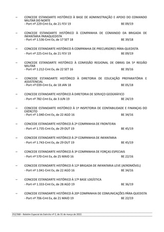 – CONCEDE ESTANDARTE HISTÓRICO À BASE DE ADMINISTRAÇÃO E APOIO DO COMANDO
MILITAR DO NORTE
- Port nº 229-Cmt Ex, de 21 FEV 19 BE 09/19
– CONCEDE ESTANDARTE HISTÓRICO À COMPANHIA DE COMANDO DA BRIGADA DE
INFANTARIA PARAQUEDISTA
- Port nº 1.536-Cmt Ex, de 17 SET 18 BE 39/18
– CONCEDE ESTANDARTE HISTÓRICO À COMPANHIA DE PRECURSORES PÁRA-QUEDISTA
- Port nº 225-Cmt Ex, de 21 FEV 19 BE 09/19
– CONCEDE ESTANDARTE HISTÓRICO À COMISSÃO REGIONAL DE OBRAS DA 5ª REGIÃO
MILITAR
- Port nº 1.212-Cmt Ex, de 22 SET 16 BE 39/16
– CONCEDE ESTANDARTE HISTÓRICO À DIRETORIA DE EDUCAÇÃO PREPARATÓRIA E
ASSISTENCIAL
- Port nº 039-Cmt Ex, de 18 JAN 18 BE 05/18
– CONCEDE ESTANDARTE HISTÓRICO À DIRETORIA DE SERVIÇO GEOGRÁFICO
- Port nº 782-Cmt Ex, de 3 JUN 19 BE 24/19
– CONCEDE ESTANDARTE HISTÓRICO À 1ª INSPETORIA DE CONTABILIDADE E FINANÇAS DO
EXÉRCITO
- Port nº 1.040-Cmt Ex, de 22 AGO 16 BE 34/16
– CONCEDE ESTANDARTE HISTÓRICO À 2ª COMPANHIA DE FRONTEIRA
- Port nº 1.735-Cmt Ex, de 29 OUT 19 BE 45/19
– CONCEDE ESTANDARTE HISTÓRICO À 2ª COMPANHIA DE INFANTARIA
- Port nº 1.743-Cmt Ex, de 29 OUT 19 BE 45/19
– CONCEDE ESTANDARTE HISTÓRICO À 3ª COMPANHIA DE FORÇAS ESPECIAIS
- Port nº 570-Cmt Ex, de 25 MAIO 16 BE 22/16
– CONCEDE ESTANDARTE HISTÓRICO À 12ª BRIGADA DE INFANTARIA LEVE (AEROMÓVEL)
- Port nº 1.041-Cmt Ex, de 22 AGO 16 BE 34/16
– CONCEDE ESTANDARTE HISTÓRICO À 17ª BASE LOGÍSTICA
- Port nº 1.333-Cmt Ex, de 28 AGO 19 BE 36/19
– CONCEDE ESTANDARTE HISTÓRICO À 20ª COMPANHIA DE COMUNICAÇÕES PÁRA-QUEDISTA
- Port nº 706-Cmt Ex, de 21 MAIO 19 BE 22/19
252/368 – Boletim Especial do Exército nº 2, de 31 de março de 2022.
 