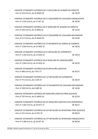 – CONCEDE ESTANDARTE HISTÓRICO AO 1º BATALHÃO DE AVIAÇÃO DO EXÉRCITO
- Port nº 516-Cmt Ex, de 25 MAIO 20 BE 24/20
– CONCEDE ESTANDARTE HISTÓRICO AO 1º ESQUADRÃO DE CAVALARIA PARAQUEDISTA
- Port nº 1.532-Cmt Ex, de 17 SET 18 BE 39/18
– CONCEDE ESTANDARTE HISTÓRICO AO 2º BATALHÃO DE AVIAÇÃO DO EXÉRCITO
- Port nº 244-Cmt Ex, de 15 MAR 16 BE 11/16
– CONCEDE ESTANDARTE HISTÓRICO AO 3º ESQUADRÃO DE CAVALARIA MECANIZADO
- Port nº 517-Cmt Ex, de 25 MAIO 20 BE 25/20
– CONCEDE ESTANDARTE HISTÓRICO AO 3º REGIMENTO DE CARROS DE COMBATE
- Port nº 1.039-Cmt Ex, de 22 AGO 16 BE 34/16
– CONCEDE ESTANDARTE HISTÓRICO AO 5º BATALHÃO DE SUPRIMENTO
- Port nº 1.229-Cmt Ex, de 12 AGO 19 BE 34/19
– CONCEDE ESTANDARTE HISTÓRICO AO 6º BATALHÃO DE COMUNICAÇÕES
- Port nº 1.043-Cmt Ex, de 22 AGO 16 BE 34/16
– CONCEDE ESTANDARTE HISTÓRICO AO 8º BATALHÃO LOGÍSTICO
- Port nº 086-Cmt Ex, de 7 FEV 17 BE 07/17
– CONCEDE ESTANDARTE HISTÓRICO AO 12º BATALHÃO DE SUPRIMENTO
- Port nº 771-Cmt Ex, de 3 JUN 19 BE 24/19
– CONCEDE ESTANDARTE HISTÓRICO AO 13º REGIMENTO DE CAVALARIA MECANIZADO
- Port nº 539-Cmt Ex, de 6 ABR 18 BE 16/18
– CONCEDE ESTANDARTE HISTÓRICO 20º BATALHÃO LOGÍSTICO PÁRA-QUEDISTA
- Port nº 707-Cmt Ex, de 21 MAIO 19 BE 22/19
– CONCEDE ESTANDARTE HISTÓRICO AO 22º BATALHÃO LOGÍSTICO LEVE (AEROMÓVEL)
- Port nº 1.463-Cmt Ex, de 26 OUT 17 BE 44/17
– CONCEDE ESTANDARTE HISTÓRICO AO 25º BATALHÃO DE INFANTARIA PÁRA-QUEDISTA
- Port nº 221-Cmt Ex, de 21 FEV 19 BE 09/19
– CONCEDE ESTANDARTE HISTÓRICO AO 27º BATALHÃO DE INFANTARIA PARAQUEDISTA
- Port nº 1.586-Cmt Ex, de 24 SET 18 BE 40/18
254/368 – Boletim Especial do Exército nº 2, de 31 de março de 2022.
 