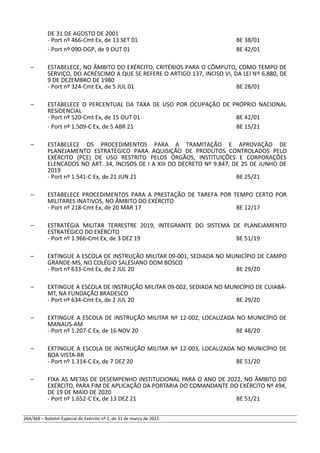 DE 31 DE AGOSTO DE 2001
- Port nº 466-Cmt Ex, de 13 SET 01 BE 38/01
- Port nº 090-DGP, de 9 OUT 01 BE 42/01
– ESTABELECE, NO ÂMBITO DO EXÉRCITO, CRITÉRIOS PARA O CÔMPUTO, COMO TEMPO DE
SERVIÇO, DO ACRÉSCIMO A QUE SE REFERE O ARTIGO 137, INCISO VI, DA LEI Nº 6.880, DE
9 DE DEZEMBRO DE 1980
- Port nº 324-Cmt Ex, de 5 JUL 01 BE 28/01
– ESTABELECE O PERCENTUAL DA TAXA DE USO POR OCUPAÇÃO DE PRÓPRIO NACIONAL
RESIDENCIAL
- Port nº 520-Cmt Ex, de 15 OUT 01 BE 42/01
- Port nº 1.509-C Ex, de 5 ABR 21 BE 15/21
– ESTABELECE OS PROCEDIMENTOS PARA A TRAMITAÇÃO E APROVAÇÃO DE
PLANEJAMENTO ESTRATÉGICO PARA AQUISIÇÃO DE PRODUTOS CONTROLADOS PELO
EXÉRCITO (PCE) DE USO RESTRITO PELOS ÓRGÃOS, INSTITUIÇÕES E CORPORAÇÕES
ELENCADOS NO ART. 34, INCISOS DE I A XIII DO DECRETO Nº 9.847, DE 25 DE JUNHO DE
2019
- Port nº 1.541-C Ex, de 21 JUN 21 BE 25/21
– ESTABELECE PROCEDIMENTOS PARA A PRESTAÇÃO DE TAREFA POR TEMPO CERTO POR
MILITARES INATIVOS, NO ÂMBITO DO EXÉRCITO
- Port nº 218-Cmt Ex, de 20 MAR 17 BE 12/17
– ESTRATÉGIA MILITAR TERRESTRE 2019, INTEGRANTE DO SISTEMA DE PLANEJAMENTO
ESTRATÉGICO DO EXÉRCITO
- Port nº 1.966-Cmt Ex, de 3 DEZ 19 BE 51/19
– EXTINGUE A ESCOLA DE INSTRUÇÃO MILITAR 09-001, SEDIADA NO MUNICÍPIO DE CAMPO
GRANDE-MS, NO COLÉGIO SALESIANO DOM BOSCO
- Port nº 633-Cmt Ex, de 2 JUL 20 BE 29/20
– EXTINGUE A ESCOLA DE INSTRUÇÃO MILITAR 09-002, SEDIADA NO MUNICÍPIO DE CUIABÁ-
MT, NA FUNDAÇÃO BRADESCO
- Port nº 634-Cmt Ex, de 2 JUL 20 BE 29/20
– EXTINGUE A ESCOLA DE INSTRUÇÃO MILITAR Nº 12-002, LOCALIZADA NO MUNICÍPIO DE
MANAUS-AM
- Port nº 1.207-C Ex, de 16 NOV 20 BE 48/20
– EXTINGUE A ESCOLA DE INSTRUÇÃO MILITAR Nº 12-003, LOCALIZADA NO MUNICÍPIO DE
BOA VISTA-RR
- Port nº 1.314-C Ex, de 7 DEZ 20 BE 51/20
– FIXA AS METAS DE DESEMPENHO INSTITUCIONAL PARA O ANO DE 2022, NO ÂMBITO DO
EXÉRCITO, PARA FIM DE APLICAÇÃO DA PORTARIA DO COMANDANTE DO EXÉRCITO Nº 494,
DE 19 DE MAIO DE 2020
- Port nº 1.652-C Ex, de 13 DEZ 21 BE 51/21
264/368 – Boletim Especial do Exército nº 2, de 31 de março de 2022.
 