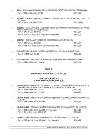 – R-201 – REGULAMENTO DO MUSEU HISTÓRICO DO EXÉRCITO E FORTE DE COPACABANA
- Port nº 689-Cmt Ex, de 8 SET 08 BE 37/08
– REG/T-01 – REGULAMENTO TÉCNICO DE EMBALAGENS DE PRODUTOS DA CLASSE 1 –
EXPLOSIVO
- Port nº 43-SCT, de 7 AGO 1998 BE 35/1998
– REG/T 02 – REGULAMENTO TÉCNICO DE FOGOS DE ARTIFÍCIO, PIROTÉCNICOS, ARTIFÍCIOS
PIROTÉCNICOS E ARTEFATOS SIMILARES
- Port nº 046-SCT, de 3 OUT 03 BE 42/03
- Port nº 055-DCT, de 27 NOV 07 (Melhoramento M1) BE 52/07
– REG/T 03 – REGULAMENTO TÉCNICO DE ESPETÁCULOS PIROTÉCNICOS
- Port nº 046-SCT, de 3 OUT 03 BE 42/03
- Port nº 042-DCT, de 13 OUT 08 (Melhoramento M1) BE 45/08
– REGULAMENTO DA LEI DE PENSÕES MILITARES (Lei nº 3.765, de 4 MAIO 1960)
- Dec nº 10.742, de 5 JUL 21 BE 28/21
– REGULAMENTO DE PESSOAL DA INDÚSTRIA DE MATERIAL BÉLICO DO BRASIL (IMBEL)
- Port nº 354-Cmt Ex, de 22 JUN 06 BE 26/06
TÍTULO III
REGIMENTOS INTERNOS DO EXÉRCITO (RI)
IDENTIFICAÇÃO/TÍTULO
ATO DE APROVAÇÃO/MODIFICAÇÃO
– EB10-RI-09.001 – REGIMENTO INTERNO E O QUADRO DEMONSTRATIVO DOS CARGOS EM
COMISSÃO E DAS FUNÇÕES DE CONFIANÇA DO COMANDO DO EXÉRCITO
- Port nº 127-Cmt Ex, de 21 FEV 17 BE 21/17
- Port nº 174-Cmt Ex, de 17 FEV 20 BE 08/20
– EB10-RI-09.003 – REGIMENTO INTERNO DA SEÇÃO DE SEGURANÇA DO COMANDANTE DO
EXÉRCITO
- Port nº 978-Cmt Ex, de 26 AGO 14 BE 36/14
– EB10-RI-09.007 – REGIMENTO INTERNO DO GABINETE DO COMANDANTE DO EXÉRCITO
- Port nº 262-Cmt Ex, de 22 MAR 16 (Em Separata) BE 13/16
- Port nº 1.742-Cmt Ex, de 19 DEZ 17 BE 52/17
– EB10-RI-12.001 – REGIMENTO INTERNO DA SECRETARIA-GERAL DO EXÉRCITO
- Port nº 563-SGEx/C Ex, de 12 NOV 21 (Em Separata) BE 45/21
Boletim Especial do Exército nº 2, de 31 de março de 2022. – 27/368
 