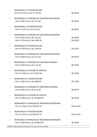 – REORGANIZA A 1ª REGIÃO MILITAR
Port nº 575-Cmt Ex, de 17 JUN 20 BE 26/20
– REORGANIZA A 2ª BRIGADA DE CAVALARIA MECANIZADA
- Port nº 636-Cmt Ex, de 2 JUL 20 BE 29/20
– REORGANIZA A 2ª REGIÃO MILITAR
- Port nº 1.547-C Ex, de 5 JUL 21 BE 28/21
– REORGANIZA A 3ª BRIGADA DE CAVALARIA MECANIZADA
- Port nº 637-Cmt Ex, de 2 JUL 20 BE 29/20
- Port nº 779-Cmt Ex, de 6 AGO 20 BE 34/20
– REORGANIZA A 3ª REGIÃO MILITAR
- Port nº 538-Cmt Ex, de 2 JUN 20 BE 25/20
– REORGANIZA A 4ª BRIGADA DE CAVALARIA MECANIZADA
- Port nº 638-Cmt Ex, de 2 JUL 20 BE 29/20
– REORGANIZA A 5ª BRIGADA DE CAVALARIA BLINDADA
- Port nº 639-Cmt Ex, de 2 JUL 20 BE 29/20
– REORGANIZA A 5ª DIVISÃO DE EXÉRCITO
- Port nº 1.042-C Ex, de 13 OUT 20 BE 43/20
– REORGANIZA A 5ª REGIÃO MILITAR
- Port nº 385-Cmt Ex, de 9 ABR 20 BE 17/20
– REORGANIZA A 6ª BRIGADA DE INFANTARIA BLINDADA
- Port nº 640-Cmt Ex, de 2 JUL 20 BE 29/20
– REORGANIZA A 6ª DIVISÃO DE EXÉRCITO
- Port nº 498-Cmt Ex, de 19 MAIO 20 BE 22/20
– REORGANIZA A 7ª BRIGADA DE INFANTARIA MOTORIZADA
- Port nº 1.616-C Ex, de 20 OUT 21 BE 42-A/21
– REORGANIZA A 7ª REGIÃO MILITAR
- Port nº 1.615-C Ex, de 20 OUT 21 BE 42-A/21
– REORGANIZA A 8ª BRIGADA DE INFANTARIA MOTORIZADA
- Port nº 499-Cmt Ex, de 19 MAIO 20 BE 22/20
270/368 – Boletim Especial do Exército nº 2, de 31 de março de 2022.
 