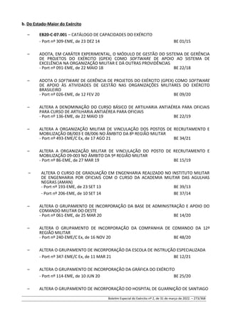 b. Do Estado-Maior do Exército
– EB20-C-07.001 – CATÁLOGO DE CAPACIDADES DO EXÉRCITO
- Port nº 309-EME, de 23 DEZ 14 BE 01/15
– ADOTA, EM CARÁTER EXPERIMENTAL, O MÓDULO DE GESTÃO DO SISTEMA DE GERÊNCIA
DE PROJETOS DO EXÉRCITO (GPEX) COMO SOFTWARE DE APOIO AO SISTEMA DE
EXCELÊNCIA NA ORGANIZAÇÃO MILITAR E DÁ OUTRAS PROVIDÊNCIAS
- Port nº 091-EME, de 22 MAIO 18 BE 22/18
– ADOTA O SOFTWARE DE GERÊNCIA DE PROJETOS DO EXÉRCITO (GPEX) COMO SOFTWARE
DE APOIO ÀS ATIVIDADES DE GESTÃO NAS ORGANIZAÇÕES MILITARES DO EXÉRCITO
BRASILEIRO
- Port nº 026-EME, de 12 FEV 20 BE 09/20
– ALTERA A DENOMINAÇÃO DO CURSO BÁSICO DE ARTILHARIA ANTIAÉREA PARA OFICIAIS
PARA CURSO DE ARTILHARIA ANTIAÉREA PARA OFICIAIS
- Port nº 136-EME, de 22 MAIO 19 BE 22/19
– ALTERA A ORGANIZAÇÃO MILITAR DE VINCULAÇÃO DOS POSTOS DE RECRUTAMENTO E
MOBILIZAÇÃO 08/003 E 08/006 NO ÂMBITO DA 8ª REGIÃO MILITAR
- Port nº 493-EME/C Ex, de 17 AGO 21 BE 34/21
– ALTERA A ORGANIZAÇÃO MILITAR DE VINCULAÇÃO DO POSTO DE RECRUTAMENTO E
MOBILIZAÇÃO 09-003 NO ÂMBITO DA 9ª REGIÃO MILITAR
- Port nº 86-EME, de 27 MAR 19 BE 15/19
– ALTERA O CURSO DE GRADUAÇÃO EM ENGENHARIA REALIZADO NO INSTITUTO MILITAR
DE ENGENHARIA POR OFICIAIS COM O CURSO DA ACADEMIA MILITAR DAS AGULHAS
NEGRAS (AMAN)
- Port nº 193-EME, de 23 SET 13 BE 39/13
- Port nº 206-EME, de 10 SET 14 BE 37/14
– ALTERA O GRUPAMENTO DE INCORPORAÇÃO DA BASE DE ADMINISTRAÇÃO E APOIO DO
COMANDO MILITAR DO OESTE
- Port nº 061-EME, de 25 MAR 20 BE 14/20
– ALTERA O GRUPAMENTO DE INCORPORAÇÃO DA COMPANHIA DE COMANDO DA 12ª
REGIÃO MILITAR
- Port nº 240-EME/C Ex, de 16 NOV 20 BE 48/20
– ALTERA O GRUPAMENTO DE INCORPORAÇÃO DA ESCOLA DE INSTRUÇÃO ESPECIALIZADA
- Port nº 347-EME/C Ex, de 11 MAR 21 BE 12/21
– ALTERA O GRUPAMENTO DE INCORPORAÇÃO DA GRÁFICA DO EXÉRCITO
- Port nº 114-EME, de 10 JUN 20 BE 25/20
– ALTERA O GRUPAMENTO DE INCORPORAÇÃO DO HOSPITAL DE GUARNIÇÃO DE SANTIAGO
Boletim Especial do Exército nº 2, de 31 de março de 2022. – 273/368
 