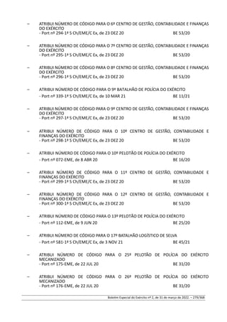 – ATRIBUI NÚMERO DE CÓDIGO PARA O 6º CENTRO DE GESTÃO, CONTABILIDADE E FINANÇAS
DO EXÉRCITO
- Port nº 294-1ª S Ch/EME/C Ex, de 23 DEZ 20 BE 53/20
– ATRIBUI NÚMERO DE CÓDIGO PARA O 7º CENTRO DE GESTÃO, CONTABILIDADE E FINANÇAS
DO EXÉRCITO
- Port nº 295-1ª S Ch/EME/C Ex, de 23 DEZ 20 BE 53/20
– ATRIBUI NÚMERO DE CÓDIGO PARA O 8º CENTRO DE GESTÃO, CONTABILIDADE E FINANÇAS
DO EXÉRCITO
- Port nº 296-1ª S Ch/EME/C Ex, de 23 DEZ 20 BE 53/20
– ATRIBUI NÚMERO DE CÓDIGO PARA O 9º BATALHÃO DE POLÍCIA DO EXÉRCITO
- Port nº 339-1ª S Ch/EME/C Ex, de 10 MAR 21 BE 11/21
– ATRIBUI NÚMERO DE CÓDIGO PARA O 9º CENTRO DE GESTÃO, CONTABILIDADE E FINANÇAS
DO EXÉRCITO
- Port nº 297-1ª S Ch/EME/C Ex, de 23 DEZ 20 BE 53/20
– ATRIBUI NÚMERO DE CÓDIGO PARA O 10º CENTRO DE GESTÃO, CONTABILIDADE E
FINANÇAS DO EXÉRCITO
- Port nº 298-1ª S Ch/EME/C Ex, de 23 DEZ 20 BE 53/20
– ATRIBUI NÚMERO DE CÓDIGO PARA O 10º PELOTÃO DE POLÍCIA DO EXÉRCITO
- Port nº 072-EME, de 8 ABR 20 BE 16/20
– ATRIBUI NÚMERO DE CÓDIGO PARA O 11º CENTRO DE GESTÃO, CONTABILIDADE E
FINANÇAS DO EXÉRCITO
- Port nº 299-1ª S Ch/EME/C Ex, de 23 DEZ 20 BE 53/20
– ATRIBUI NÚMERO DE CÓDIGO PARA O 12º CENTRO DE GESTÃO, CONTABILIDADE E
FINANÇAS DO EXÉRCITO
- Port nº 300-1ª S Ch/EME/C Ex, de 23 DEZ 20 BE 53/20
– ATRIBUI NÚMERO DE CÓDIGO PARA O 13º PELOTÃO DE POLÍCIA DO EXÉRCITO
- Port nº 112-EME, de 9 JUN 20 BE 25/20
– ATRIBUI NÚMERO DE CÓDIGO PARA O 17º BATALHÃO LOGÍSTICO DE SELVA
- Port nº 581-1ª S Ch/EME/C Ex, de 3 NOV 21 BE 45/21
– ATRIBUI NÚMERO DE CÓDIGO PARA O 25º PELOTÃO DE POLÍCIA DO EXÉRCITO
MECANIZADO
- Port nº 175-EME, de 22 JUL 20 BE 31/20
– ATRIBUI NÚMERO DE CÓDIGO PARA O 26º PELOTÃO DE POLÍCIA DO EXÉRCITO
MECANIZADO
- Port nº 176-EME, de 22 JUL 20 BE 31/20
Boletim Especial do Exército nº 2, de 31 de março de 2022. – 279/368
 