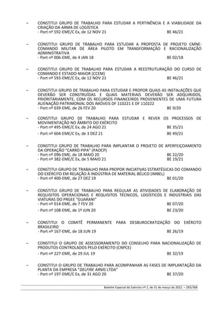 – CONSTITUI GRUPO DE TRABALHO PARA ESTUDAR A PERTINÊNCIA E A VIABILIDADE DA
CRIAÇÃO DA ARMA DE LOGÍSTICA
- Port nº 592-EME/C Ex, de 12 NOV 21 BE 46/21
– CONSTITUI GRUPO DE TRABALHO PARA ESTUDAR A PROPOSTA DE PROJETO CMNE:
COMANDO MILITAR DE ÁREA PILOTO EM TRANSFORMAÇÃO E RACIONALIZAÇÃO
ADMINISTRATIVA
- Port nº 006-EME, de 4 JAN 18 BE 02/18
– CONSTITUI GRUPO DE TRABALHO PARA ESTUDAR A REESTRUTURAÇÃO DO CURSO DE
COMANDO E ESTADO-MAIOR (CCEM)
- Port nº 593-EME/C Ex, de 12 NOV 21 BE 46/21
– CONSTITUI GRUPO DE TRABALHO PARA ESTUDAR E PROPOR QUAIS AS INSTALAÇÕES QUE
DEVERÃO SER CONSTRUÍDAS E QUAIS MATERIAIS DEVERÃO SER ADQUIRIDOS,
PRIORITARIAMENTE, COM OS RECURSOS FINANCEIROS PROVENIENTES DE UMA FUTURA
ALIENAÇÃO PATRIMONIAL DOS IMÓVEIS DF 110221 E DF 110222
- Port nº 039-EME, de 26 FEV 20 BE 9/20
– CONSTITUI GRUPO DE TRABALHO PARA ESTUDAR E REVER OS PROCESSOS DE
MOVIMENTAÇÃO NO ÂMBITO DO EXÉRCITO
- Port nº 495-EME/C Ex, de 24 AGO 21 BE 35/21
- Port nº 604-EME/C Ex, de 3 DEZ 21 BE 49/21
– CONSTITUI GRUPO DE TRABALHO PARA IMPLANTAR O PROJETO DE APERFEIÇOAMENTO
DA OPERAÇÃO “CARRO PIPA” (PAOCP)
- Port nº 096-EME, de 18 MAIO 20 BE 22/20
- Port nº 382-EME/C Ex, de 5 MAIO 21 BE 19/21
– CONSTITUI GRUPO DE TRABALHO PARA PROPOR INICIATIVAS ESTRATÉGICAS DO COMANDO
DO EXÉRCITO EM RELAÇÃO À INDÚSTRIA DE MATERIAL BÉLICO (IMBEL)
- Port nº 400-EME, de 27 DEZ 19 BE 01/20
– CONSTITUI GRUPO DE TRABALHO PARA REGULAR AS ATIVIDADES DE ELABORAÇÃO DE
REQUISITOS OPERACIONAIS E REQUISITOS TÉCNICOS, LOGÍSTICOS E INDUSTRIAIS DAS
VIATURAS DO PRGEE “GUARANI”
- Port nº 014-EME, de 7 FEV 20 BE 07/20
- Port nº 108-EME, de 1º JUN 20 BE 23/20
– CONSTITUI O COMITÊ PERMANENTE PARA DESBUROCRATIZAÇÃO DO EXÉRCITO
BRASILEIRO
- Port nº 167-EME, de 18 JUN 19 BE 26/19
– CONSTITUI O GRUPO DE ASSESSORAMENTO DO CONSELHO PARA NACIONALIZAÇÃO DE
PRODUTOS CONTROLADOS PELO EXÉRCITO (CNPCE)
- Port nº 227-EME, de 29 JUL 19 BE 32/19
– CONSTITUI O GRUPO DE TRABALHO PARA ACOMPANHAR AS FASES DE IMPLANTAÇÃO DA
PLANTA DA EMPRESA “DELFIRE ARMS LTDA”
- Port nº 197-EME/C Ex, de 31 AGO 20 BE 37/20
Boletim Especial do Exército nº 2, de 31 de março de 2022. – 283/368
 