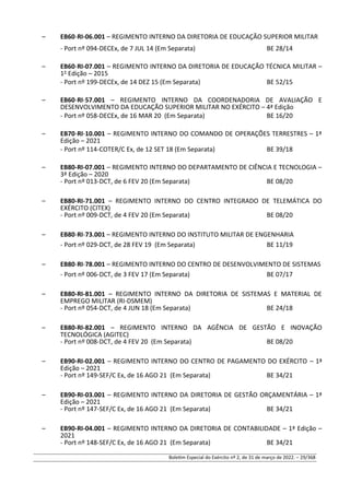 – EB60-RI-06.001 – REGIMENTO INTERNO DA DIRETORIA DE EDUCAÇÃO SUPERIOR MILITAR
- Port nº 094-DECEx, de 7 JUL 14 (Em Separata) BE 28/14
– EB60-RI-07.001 – REGIMENTO INTERNO DA DIRETORIA DE EDUCAÇÃO TÉCNICA MILITAR –
1° Edição – 2015
- Port nº 199-DECEx, de 14 DEZ 15 (Em Separata) BE 52/15
– EB60-RI-57.001 – REGIMENTO INTERNO DA COORDENADORIA DE AVALIAÇÃO E
DESENVOLVIMENTO DA EDUCAÇÃO SUPERIOR MILITAR NO EXÉRCITO – 4ª Edição
- Port nº 058-DECEx, de 16 MAR 20 (Em Separata) BE 16/20
– EB70-RI-10.001 – REGIMENTO INTERNO DO COMANDO DE OPERAÇÕES TERRESTRES – 1ª
Edição – 2021
- Port nº 114-COTER/C Ex, de 12 SET 18 (Em Separata) BE 39/18
– EB80-RI-07.001 – REGIMENTO INTERNO DO DEPARTAMENTO DE CIÊNCIA E TECNOLOGIA –
3ª Edição – 2020
- Port nº 013-DCT, de 6 FEV 20 (Em Separata) BE 08/20
– EB80-RI-71.001 – REGIMENTO INTERNO DO CENTRO INTEGRADO DE TELEMÁTICA DO
EXÉRCITO (CITEX)
- Port nº 009-DCT, de 4 FEV 20 (Em Separata) BE 08/20
– EB80-RI-73.001 – REGIMENTO INTERNO DO INSTITUTO MILITAR DE ENGENHARIA
- Port nº 029-DCT, de 28 FEV 19 (Em Separata) BE 11/19
– EB80-RI-78.001 – REGIMENTO INTERNO DO CENTRO DE DESENVOLVIMENTO DE SISTEMAS
- Port nº 006-DCT, de 3 FEV 17 (Em Separata) BE 07/17
– EB80-RI-81.001 – REGIMENTO INTERNO DA DIRETORIA DE SISTEMAS E MATERIAL DE
EMPREGO MILITAR (RI-DSMEM)
- Port nº 054-DCT, de 4 JUN 18 (Em Separata) BE 24/18
– EB80-RI-82.001 – REGIMENTO INTERNO DA AGÊNCIA DE GESTÃO E INOVAÇÃO
TECNOLÓGICA (AGITEC)
- Port nº 008-DCT, de 4 FEV 20 (Em Separata) BE 08/20
– EB90-RI-02.001 – REGIMENTO INTERNO DO CENTRO DE PAGAMENTO DO EXÉRCITO – 1ª
Edição – 2021
- Port nº 149-SEF/C Ex, de 16 AGO 21 (Em Separata) BE 34/21
– EB90-RI-03.001 – REGIMENTO INTERNO DA DIRETORIA DE GESTÃO ORÇAMENTÁRIA – 1ª
Edição – 2021
- Port nº 147-SEF/C Ex, de 16 AGO 21 (Em Separata) BE 34/21
– EB90-RI-04.001 – REGIMENTO INTERNO DA DIRETORIA DE CONTABILIDADE – 1ª Edição –
2021
- Port nº 148-SEF/C Ex, de 16 AGO 21 (Em Separata) BE 34/21
Boletim Especial do Exército nº 2, de 31 de março de 2022. – 29/368
 