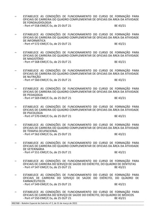 – ESTABELECE AS CONDIÇÕES DE FUNCIONAMENTO DO CURSO DE FORMAÇÃO PARA
OFICIAIS DE CARREIRA DO QUADRO COMPLEMENTAR DE OFICIAIS DA ÁREA DA ATIVIDADE
DE FONOAUDIOLOGIA
- Port nº 558-EME/C Ex, de 25 OUT 21 BE 43/21
– ESTABELECE AS CONDIÇÕES DE FUNCIONAMENTO DO CURSO DE FORMAÇÃO PARA
OFICIAIS DE CARREIRA DO QUADRO COMPLEMENTAR DE OFICIAIS DA ÁREA DA ATIVIDADE
DE INFORMÁTICA
- Port nº 572-EME/C Ex, de 25 OUT 21 BE 43/21
– ESTABELECE AS CONDIÇÕES DE FUNCIONAMENTO DO CURSO DE FORMAÇÃO PARA
OFICIAIS DE CARREIRA DO QUADRO COMPLEMENTAR DE OFICIAIS DA ÁREA DA ATIVIDADE
DE MAGISTÉRIO
- Port nº 568-EME/C Ex, de 25 OUT 21 BE 43/21
– ESTABELECE AS CONDIÇÕES DE FUNCIONAMENTO DO CURSO DE FORMAÇÃO PARA
OFICIAIS DE CARREIRA DO QUADRO COMPLEMENTAR DE OFICIAIS DA ÁREA DA ATIVIDADE
DE NUTRIÇÃO
- Port nº 560-EME/C Ex, de 25 OUT 21 BE 43/21
– ESTABELECE AS CONDIÇÕES DE FUNCIONAMENTO DO CURSO DE FORMAÇÃO PARA
OFICIAIS DE CARREIRA DO QUADRO COMPLEMENTAR DE OFICIAIS DA ÁREA DA ATIVIDADE
DE PEDAGOGIA
- Port nº 569-EME/C Ex, de 25 OUT 21 BE 43/21
– ESTABELECE AS CONDIÇÕES DE FUNCIONAMENTO DO CURSO DE FORMAÇÃO PARA
OFICIAIS DE CARREIRA DO QUADRO COMPLEMENTAR DE OFICIAIS DA ÁREA DA ATIVIDADE
DE PSICOLOGIA
- Port nº 570-EME/C Ex, de 25 OUT 21 BE 43/21
– ESTABELECE AS CONDIÇÕES DE FUNCIONAMENTO DO CURSO DE FORMAÇÃO PARA
OFICIAIS DE CARREIRA DO QUADRO COMPLEMENTAR DE OFICIAIS DA ÁREA DA ATIVIDADE
DE TERAPIA OCUPACIONAL
- Port nº 562-EME/C Ex, de 25 OUT 21 BE 43/21
– ESTABELECE AS CONDIÇÕES DE FUNCIONAMENTO DO CURSO DE FORMAÇÃO PARA
OFICIAIS DE CARREIRA DO QUADRO COMPLEMENTAR DE OFICIAIS DA ÁREA DA ATIVIDADE
DE VETERINÁRIA
- Port nº 551-EME/C Ex, de 25 OUT 21 BE 43/21
– ESTABELECE AS CONDIÇÕES DE FUNCIONAMENTO DO CURSO DE FORMAÇÃO PARA
OFICIAIS DE CARREIRA DO SERVIÇO DE SAÚDE DO EXÉRCITO, DO QUADRO DE DENTISTAS
- Port nº 547-EME/C Ex, de 25 OUT 21 BE 43/21
– ESTABELECE AS CONDIÇÕES DE FUNCIONAMENTO DO CURSO DE FORMAÇÃO PARA
OFICIAIS DE CARREIRA DO SERVIÇO DE SAÚDE DO EXÉRCITO, DO QUADRO DE
FARMACÊUTICOS
- Port nº 549-EME/C Ex, de 25 OUT 21 BE 43/21
– ESTABELECE AS CONDIÇÕES DE FUNCIONAMENTO DO CURSO DE FORMAÇÃO PARA
OFICIAIS DE CARREIRA DO SERVIÇO DE SAÚDE DO EXÉRCITO, DO QUADRO DE MÉDICOS
- Port nº 550-EME/C Ex, de 25 OUT 21 BE 43/21
300/368 – Boletim Especial do Exército nº 2, de 31 de março de 2022.
 