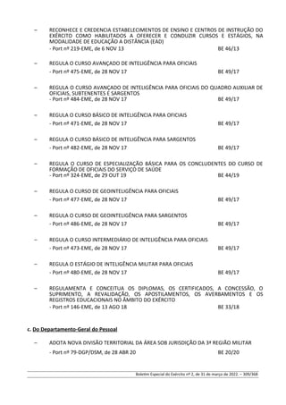 – RECONHECE E CREDENCIA ESTABELECIMENTOS DE ENSINO E CENTROS DE INSTRUÇÃO DO
EXÉRCITO COMO HABILITADOS A OFERECER E CONDUZIR CURSOS E ESTÁGIOS, NA
MODALIDADE DE EDUCAÇÃO A DISTÂNCIA (EAD)
- Port nº 219-EME, de 6 NOV 13 BE 46/13
– REGULA O CURSO AVANÇADO DE INTELIGÊNCIA PARA OFICIAIS
- Port nº 475-EME, de 28 NOV 17 BE 49/17
– REGULA O CURSO AVANÇADO DE INTELIGÊNCIA PARA OFICIAIS DO QUADRO AUXILIAR DE
OFICIAIS, SUBTENENTES E SARGENTOS
- Port nº 484-EME, de 28 NOV 17 BE 49/17
– REGULA O CURSO BÁSICO DE INTELIGÊNCIA PARA OFICIAIS
- Port nº 471-EME, de 28 NOV 17 BE 49/17
– REGULA O CURSO BÁSICO DE INTELIGÊNCIA PARA SARGENTOS
- Port nº 482-EME, de 28 NOV 17 BE 49/17
– REGULA O CURSO DE ESPECIALIZAÇÃO BÁSICA PARA OS CONCLUDENTES DO CURSO DE
FORMAÇÃO DE OFICIAIS DO SERVIÇO DE SAÚDE
- Port nº 324-EME, de 29 OUT 19 BE 44/19
– REGULA O CURSO DE GEOINTELIGÊNCIA PARA OFICIAIS
- Port nº 477-EME, de 28 NOV 17 BE 49/17
– REGULA O CURSO DE GEOINTELIGÊNCIA PARA SARGENTOS
- Port nº 486-EME, de 28 NOV 17 BE 49/17
– REGULA O CURSO INTERMEDIÁRIO DE INTELIGÊNCIA PARA OFICIAIS
- Port nº 473-EME, de 28 NOV 17 BE 49/17
– REGULA O ESTÁGIO DE INTELIGÊNCIA MILITAR PARA OFICIAIS
- Port nº 480-EME, de 28 NOV 17 BE 49/17
– REGULAMENTA E CONCEITUA OS DIPLOMAS, OS CERTIFICADOS, A CONCESSÃO, O
SUPRIMENTO, A REVALIDAÇÃO, OS APOSTILAMENTOS, OS AVERBAMENTOS E OS
REGISTROS EDUCACIONAIS NO ÂMBITO DO EXÉRCITO
- Port nº 146-EME, de 13 AGO 18 BE 33/18
c. Do Departamento-Geral do Pessoal
– ADOTA NOVA DIVISÃO TERRITORIAL DA ÁREA SOB JURISDIÇÃO DA 3ª REGIÃO MILITAR
- Port nº 79-DGP/DSM, de 28 ABR 20 BE 20/20
Boletim Especial do Exército nº 2, de 31 de março de 2022. – 309/368
 