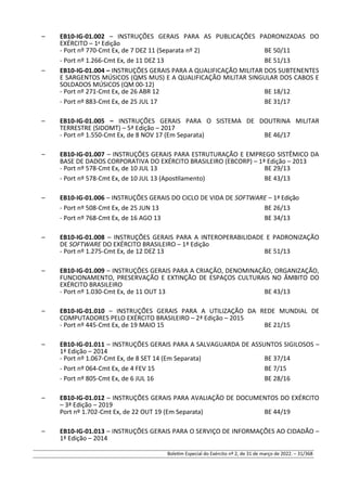 – EB10-IG-01.002 – INSTRUÇÕES GERAIS PARA AS PUBLICAÇÕES PADRONIZADAS DO
EXÉRCITO – 1a
Edição
- Port nº 770-Cmt Ex, de 7 DEZ 11 (Separata nº 2) BE 50/11
- Port nº 1.266-Cmt Ex, de 11 DEZ 13 BE 51/13
– EB10-IG-01.004 – INSTRUÇÕES GERAIS PARA A QUALIFICAÇÃO MILITAR DOS SUBTENENTES
E SARGENTOS MÚSICOS (QMS MUS) E A QUALIFICAÇÃO MILITAR SINGULAR DOS CABOS E
SOLDADOS MÚSICOS (QM 00-12)
- Port nº 271-Cmt Ex, de 26 ABR 12 BE 18/12
- Port nº 883-Cmt Ex, de 25 JUL 17 BE 31/17
– EB10-IG-01.005 – INSTRUÇÕES GERAIS PARA O SISTEMA DE DOUTRINA MILITAR
TERRESTRE (SIDOMT) – 5ª Edição – 2017
- Port nº 1.550-Cmt Ex, de 8 NOV 17 (Em Separata) BE 46/17
– EB10-IG-01.007 – INSTRUÇÕES GERAIS PARA ESTRUTURAÇÃO E EMPREGO SISTÊMICO DA
BASE DE DADOS CORPORATIVA DO EXÉRCITO BRASILEIRO (EBCORP) – 1ª Edição – 2013
- Port nº 578-Cmt Ex, de 10 JUL 13 BE 29/13
- Port nº 578-Cmt Ex, de 10 JUL 13 (Apostilamento) BE 43/13
– EB10-IG-01.006 – INSTRUÇÕES GERAIS DO CICLO DE VIDA DE SOFTWARE – 1ª Edição
- Port nº 508-Cmt Ex, de 25 JUN 13 BE 26/13
- Port nº 768-Cmt Ex, de 16 AGO 13 BE 34/13
– EB10-IG-01.008 – INSTRUÇÕES GERAIS PARA A INTEROPERABILIDADE E PADRONIZAÇÃO
DE SOFTWARE DO EXÉRCITO BRASILEIRO – 1ª Edição
- Port nº 1.275-Cmt Ex, de 12 DEZ 13 BE 51/13
– EB10-IG-01.009 – INSTRUÇÕES GERAIS PARA A CRIAÇÃO, DENOMINAÇÃO, ORGANIZAÇÃO,
FUNCIONAMENTO, PRESERVAÇÃO E EXTINÇÃO DE ESPAÇOS CULTURAIS NO ÂMBITO DO
EXÉRCITO BRASILEIRO
- Port nº 1.030-Cmt Ex, de 11 OUT 13 BE 43/13
– EB10-IG-01.010 – INSTRUÇÕES GERAIS PARA A UTILIZAÇÃO DA REDE MUNDIAL DE
COMPUTADORES PELO EXÉRCITO BRASILEIRO – 2ª Edição – 2015
- Port nº 445-Cmt Ex, de 19 MAIO 15 BE 21/15
– EB10-IG-01.011 – INSTRUÇÕES GERAIS PARA A SALVAGUARDA DE ASSUNTOS SIGILOSOS –
1ª Edição – 2014
- Port nº 1.067-Cmt Ex, de 8 SET 14 (Em Separata) BE 37/14
- Port nº 064-Cmt Ex, de 4 FEV 15 BE 7/15
- Port nº 805-Cmt Ex, de 6 JUL 16 BE 28/16
– EB10-IG-01.012 – INSTRUÇÕES GERAIS PARA AVALIAÇÃO DE DOCUMENTOS DO EXÉRCITO
– 3ª Edição – 2019
Port nº 1.702-Cmt Ex, de 22 OUT 19 (Em Separata) BE 44/19
– EB10-IG-01.013 – INSTRUÇÕES GERAIS PARA O SERVIÇO DE INFORMAÇÕES AO CIDADÃO –
1ª Edição – 2014
Boletim Especial do Exército nº 2, de 31 de março de 2022. – 31/368
 