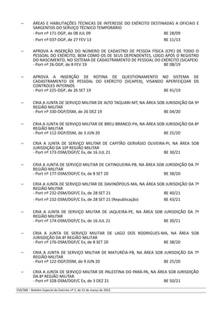 – ÁREAS E HABILITAÇÕES TÉCNICAS DE INTERESSE DO EXÉRCITO DESTINADAS A OFICIAIS E
SARGENTOS DO SERVIÇO TÉCNICO TEMPORÁRIO
- Port nº 171-DGP, de 08 JUL 09 BE 28/09
- Port nº 037-DGP, de 27 FEV 13 BE 11/13
– APROVA A INSERÇÃO DO NÚMERO DE CADASTRO DE PESSOA FÍSICA (CPF) DE TODO O
PESSOAL DO EXÉRCITO, BEM COMO OS DE SEUS DEPENDENTES, LOGO APÓS O REGISTRO
DO NASCIMENTO, NO SISTEMA DE CADASTRAMENTO DE PESSOAL DO EXÉRCITO (SICAPEX)
- Port nº 26-DGP, de 8 FEV 19 BE 08/19
– APROVA A INSERÇÃO DE ROTINA DE QUESTIONAMENTO NO SISTEMA DE
CADASTRAMENTO DE PESSOAL DO EXÉRCITO (SICAPEX), VISANDO APERFEIÇOAR OS
CONTROLES INTERNOS
- Port nº 225-DGP, de 26 SET 19 BE 41/19
– CRIA A JUNTA DE SERVIÇO MILITAR DE ALTO TAQUARI-MT, NA ÁREA SOB JURISDIÇÃO DA 9ª
REGIÃO MILITAR
- Port nº 330-DGP/DSM, de 26 DEZ 19 BE 04/20
– CRIA A JUNTA DE SERVIÇO MILITAR DE BREU BRANCO-PA, NA ÁREA SOB JURISDIÇÃO DA 8ª
REGIÃO MILITAR
- Port nº 112-DGP/DSM, de 3 JUN 20 BE 25/20
– CRIA A JUNTA DE SERVIÇO MILITAR DE CAPITÃO GERVÁSIO OLIVEIRA-PI, NA ÁREA SOB
JURISDIÇÃO DA 10ª REGIÃO MILITAR
- Port nº 173-DSM/DGP/C Ex, de 16 JUL 21 BE 30/21
– CRIA A JUNTA DE SERVIÇO MILITAR DE CATINGUEIRA-PB, NA ÁREA SOB JURISDIÇÃO DA 7ª
REGIÃO MILITAR
- Port nº 177-DSM/DGP/C Ex, de 8 SET 20 BE 38/20
– CRIA A JUNTA DE SERVIÇO MILITAR DE DAVINÓPOLIS-MA, NA ÁREA SOB JURISDIÇÃO DA 7ª
REGIÃO MILITAR
- Port nº 232-DSM/DGP/C Ex, de 28 SET 21 BE 40/21
- Port nº 232-DSM/DGP/C Ex, de 28 SET 21 (Republicação) BE 43/21
– CRIA A JUNTA DE SERVIÇO MILITAR DE JAQUEIRA-PE, NA ÁREA SOB JURISDIÇÃO DA 7ª
REGIÃO MILITAR
- Port nº 174-DSM/DGP/C Ex, de 16 JUL 21 BE 30/21
– CRIA A JUNTA DE SERVIÇO MILITAR DE LAGO DOS RODRIGUES-MA, NA ÁREA SOB
JURISDIÇÃO DA 8ª REGIÃO MILITAR
- Port nº 176-DSM/DGP/C Ex, de 8 SET 20 BE 38/20
– CRIA A JUNTA DE SERVIÇO MILITAR DE MATURÉIA-PB, NA ÁREA SOB JURISDIÇÃO DA 7ª
REGIÃO MILITAR
- Port nº 122-DGP/DSM, de 9 JUN 20 BE 25/20
– CRIA A JUNTA DE SERVIÇO MILITAR DE PALESTINA DO PARÁ-PA, NA ÁREA SOB JURISDIÇÃO
DA 8ª REGIÃO MILITAR
- Port nº 328-DSM/DGP/C Ex, de 3 DEZ 21 BE 50/21
310/368 – Boletim Especial do Exército nº 2, de 31 de março de 2022.
 