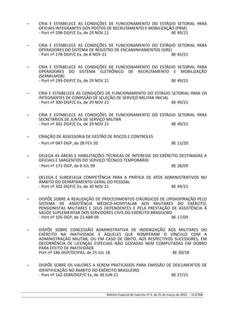 – CRIA E ESTABELECE AS CONDIÇÕES DE FUNCIONAMENTO DO ESTÁGIO SETORIAL PARA
OFICIAIS INTEGRANTES DOS POSTOS DE RECRUTAMENTO E MOBILIZAÇÃO (PRM)
- Port nº 298-DGP/C Ex, de 29 NOV 21 BE 49/21
– CRIA E ESTABELECE AS CONDIÇÕES DE FUNCIONAMENTO DO ESTÁGIO SETORIAL PARA
OPERADORES DO SISTEMA DE REGISTRO DE ENCAMINHAMENTOS (SIRE)
- Port nº 278-DGP/C Ex, de 8 NOV 21 BE 45/21
– CRIA E ESTABELECE AS CONDIÇÕES DE FUNCIONAMENTO DO ESTÁGIO SETORIAL PARA
OPERADORES DO SISTEMA ELETRÔNICO DE RECRUTAMENTO E MOBILIZAÇÃO
(SERMILMOB)
- Port nº 299-DGP/C Ex, de 29 NOV 21 BE 49/21
– CRIA E ESTABELECE AS CONDIÇÕES DE FUNCIONAMENTO DO ESTÁGIO SETORIAL PARA OS
INTEGRANTES DE COMISSÃO DE SELEÇÃO DE SERVIÇO MILITAR INICIAL
- Port nº 300-DGP/C Ex, de 29 NOV 21 BE 49/21
– CRIA E ESTABELECE AS CONDIÇÕES DE FUNCIONAMENTO DO ESTÁGIO SETORIAL PARA
SECRETÁRIOS DE JUNTA DE SERVIÇO MILITAR
- Port nº 301-DGP/C Ex, de 29 NOV 21 BE 49/21
– CRIAÇÃO DE ASSESSORIA DE GESTÃO DE RISCOS E CONTROLES
- Port nº 047-DGP, de 28 FEV 20 BE 11/20
– DELEGA AS ÁREAS E HABILITAÇÕES TÉCNICAS DE INTERESSE DO EXÉRCITO DESTINADAS A
OFICIAIS E SARGENTOS DO SERVIÇO TÉCNICO TEMPORÁRIO
- Port nº 171-DGP, de 8 JUL 09 BE 28/09
– DELEGA E SUBDELEGA COMPETÊNCIA PARA A PRÁTICA DE ATOS ADMINISTRATIVOS NO
ÂMBITO DO DEPARTAMENTO-GERAL DO PESSOAL
- Port nº 302-DGP/C Ex, de 30 NOV 21 BE 49/21
– DISPÕE SOBRE A REALIZAÇÃO DE PROCEDIMENTOS CIRÚRGICOS DE LIPOASPIRAÇÃO PELO
SISTEMA DE ASSISTÊNCIA MÉDICO-HOSPITALAR AOS MILITARES DO EXÉRCITO,
PENSIONISTAS MILITARES E SEUS DEPENDENTES E PELA PRESTAÇÃO DE ASSISTÊNCIA À
SAÚDE SUPLEMENTAR DOS SERVIDORES CIVIS DO EXÉRCITO BRASILEIRO
- Port nº 105-DGP, de 23 ABR 09 BE 17/09
– DISPÕE SOBRE CONCESSÃO ADMINISTRATIVA DE INDENIZAÇÃO AOS MILITARES DO
EXÉRCITO NA INATIVIDADE E ÀQUELES QUE ROMPERAM O VÍNCULO COM A
ADMINISTRAÇÃO MILITAR, OU EM CASO DE ÓBITO, AOS RESPECTIVOS SUCESSORES, EM
DECORRÊNCIA DE LICENÇAS ESPECIAIS NÃO GOZADAS NEM COMPUTADAS EM DOBRO
PARA EFEITO DE INATIVIDADE
Port nº 186-DGP/DCIPAS, de 25 JUL 18 BE 30/18
– DISPÕE SOBRE OS VALORES A SEREM PRATICADOS PARA EMISSÃO DE DOCUMENTOS DE
IDENTIFICAÇÃO NO ÂMBITO DO EXÉRCITO BRASILEIRO
- Port nº 162-DSM/DGP/C Ex, de 30 JUN 21 BE 27/21
Boletim Especial do Exército nº 2, de 31 de março de 2022. – 313/368
 
